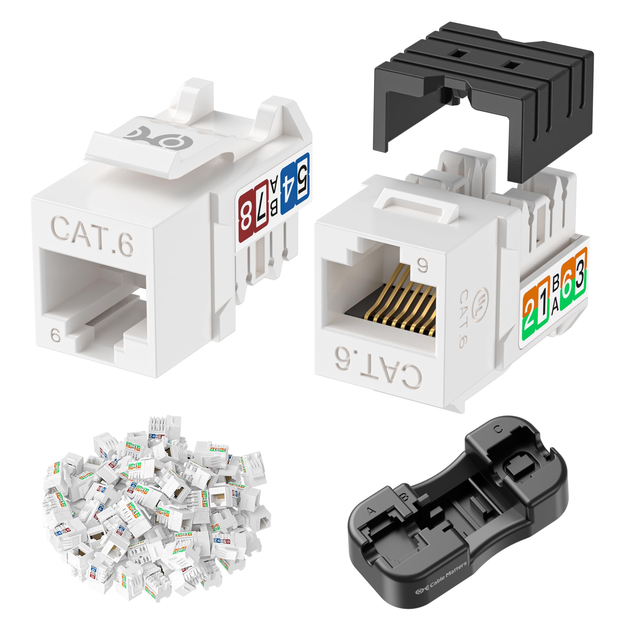 Cable Matters [UL Listed] 25-Pack 10Gbps Rapid-Install Cat6 Keystone Jacks, Slim Profile RJ45 Keystone Jack with Punch-Down Stand, Works with Leviton QuickPort Systems, Black (Model No. 180070)