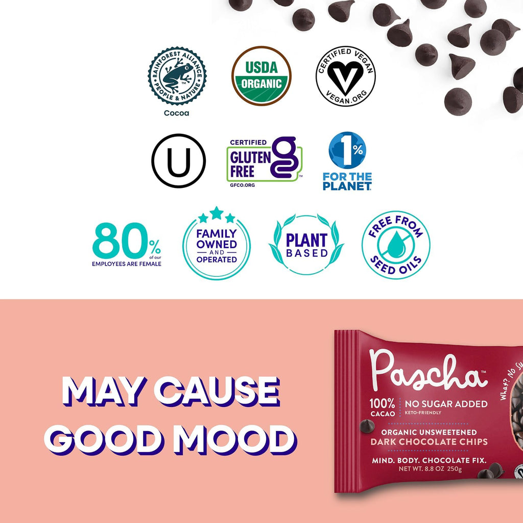 Pascha Organic 70% Cacao Baking Chips - Bittersweet Dark Chocolate with Coconut Sugar - Vegan, Non-GMO, Rainforest Alliance Certified - Allergen-Free (Pack of 8)