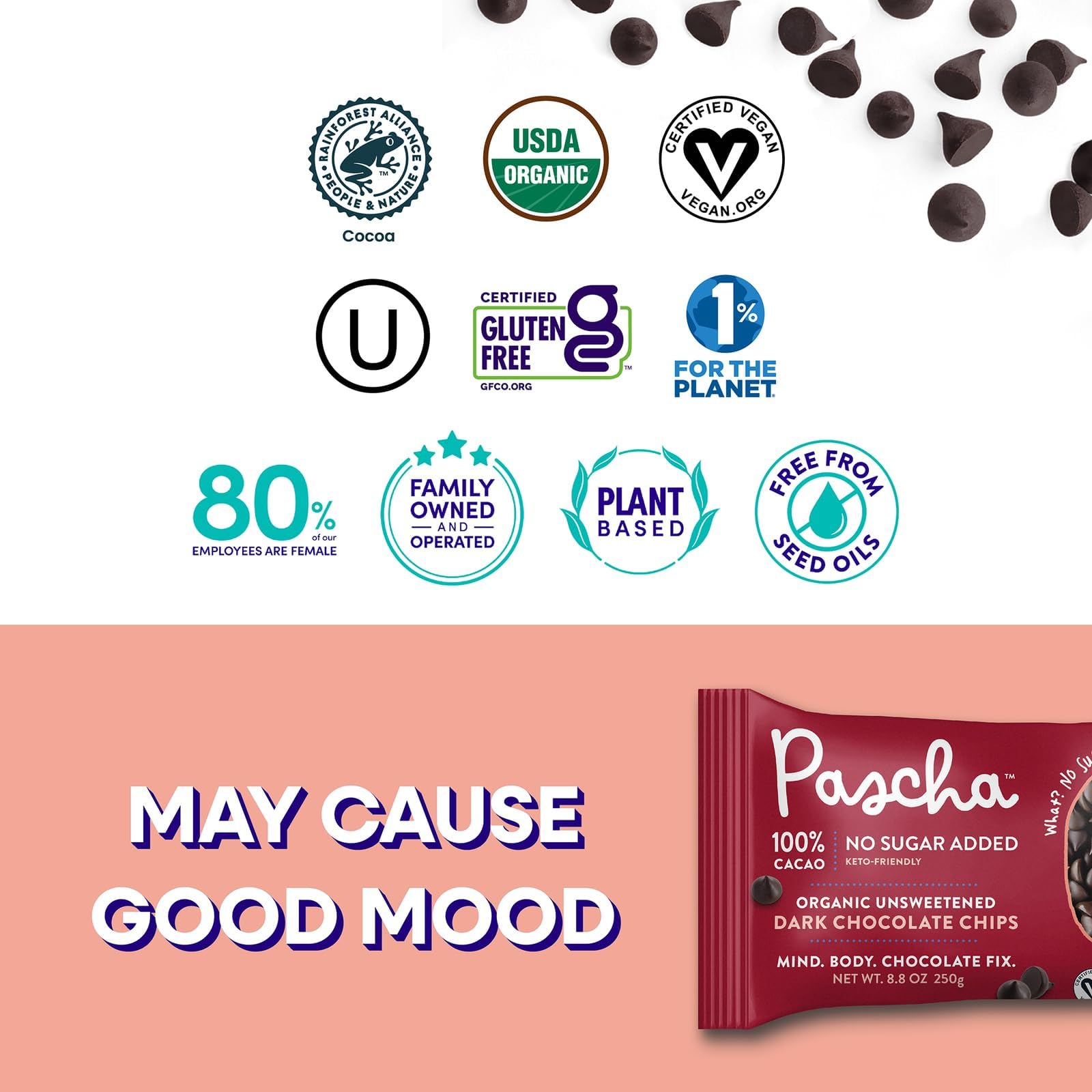 Pascha Organic 70% Cacao Baking Chips - Bittersweet Dark Chocolate with Coconut Sugar - Vegan, Non-GMO, Rainforest Alliance Certified - Allergen-Free (Pack of 8)
