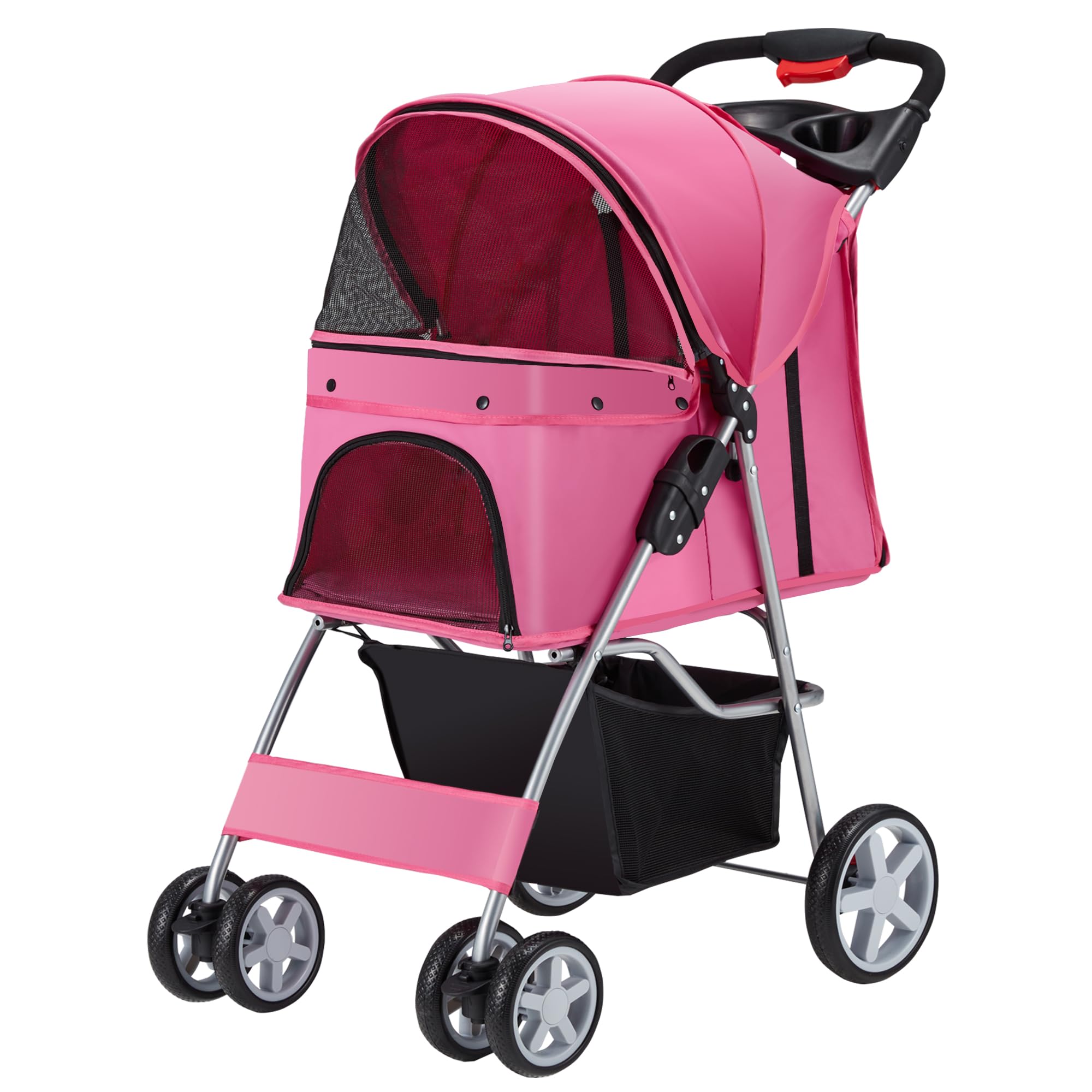 Pet Stroller, 4 Wheels Pet Strolling Cart for Medium/Small Dogs and Cats, Foldable Cat Jogger/Dog Stroller with Cup Holder, Storage Basket, Breathable Mesh, All-Season Pet Carrier, Black