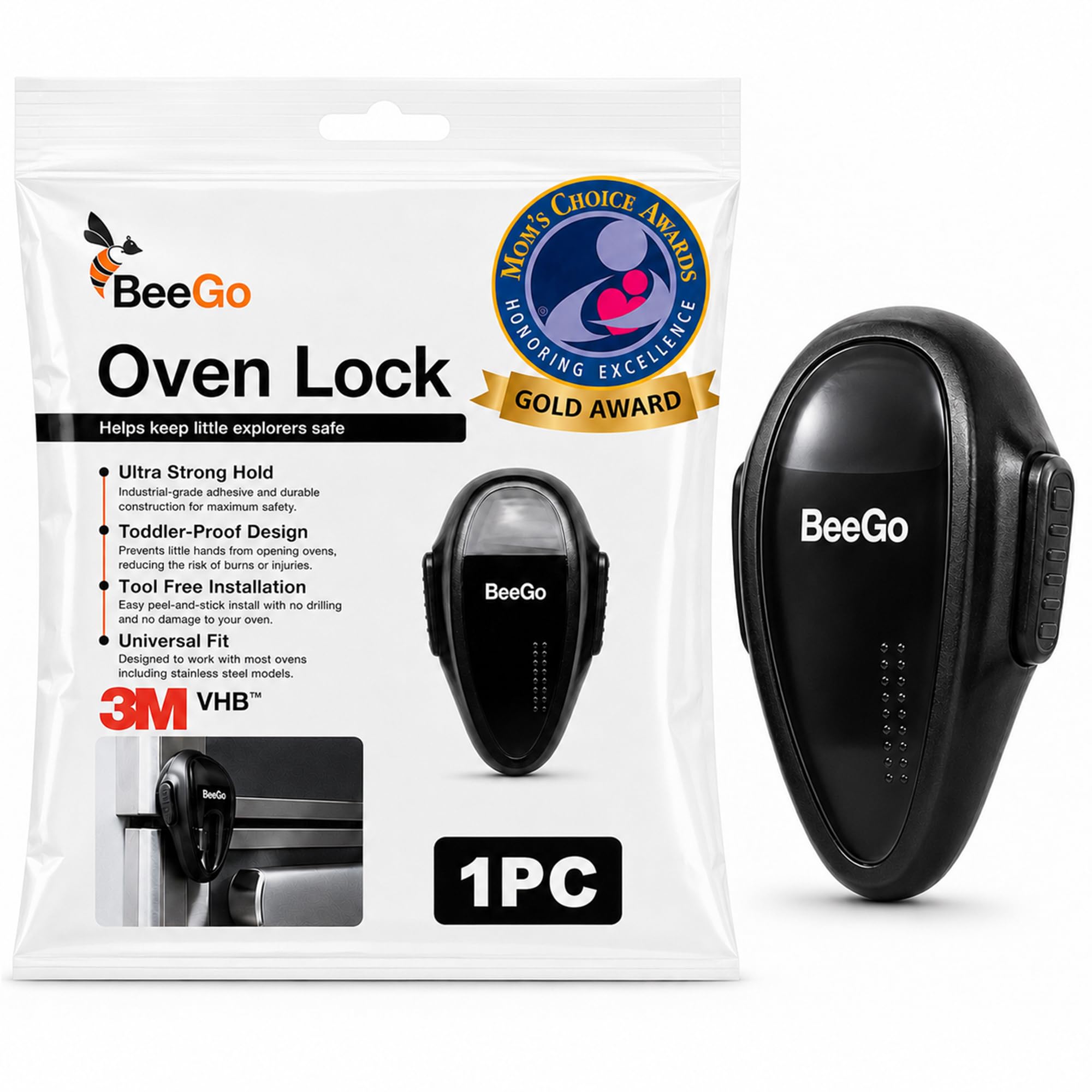 BeeGo® Oven Lock – Mom's Choice Awards® Gold | Child Safety Baby Proofing Lock for Oven, Stove & Microwave – Self-Adhesive, Heat-Resistant, No Drill, Easy Install (Black, Flat Surfaces Only)