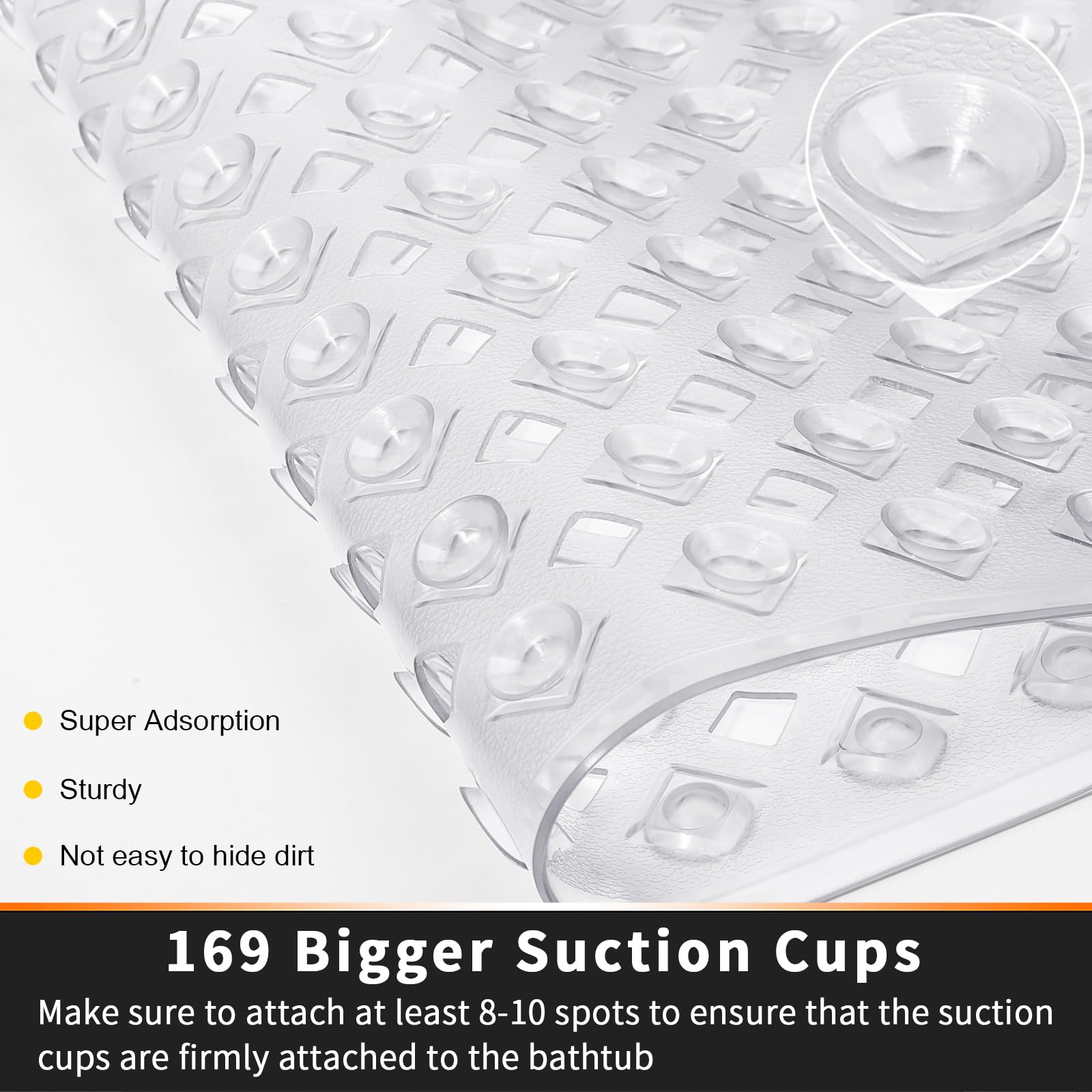 Yimobra Square Shower Mat Non Slip, Super Strong Suction Cups, 21"X21" Bath Tub Mat with Drain Holes, Machine Washable Fast Draining Bath Mats, Bathroom Essentials,Black