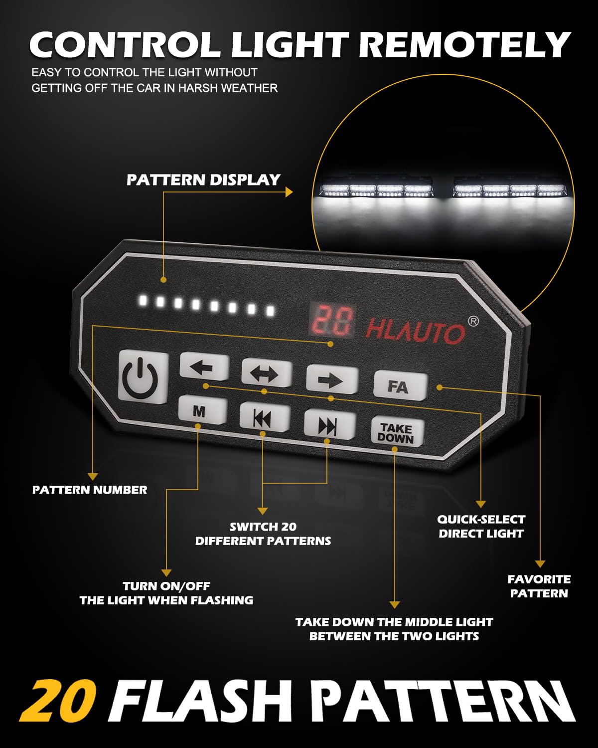 HLauto 604N Emergency Dash Strobe Lights: 2x16.8 inch Amber White Security Light w/Take Down, 48 LED Safety Flashing Warning Hazard Interior Windshield Light Bar for Truck Vehicle