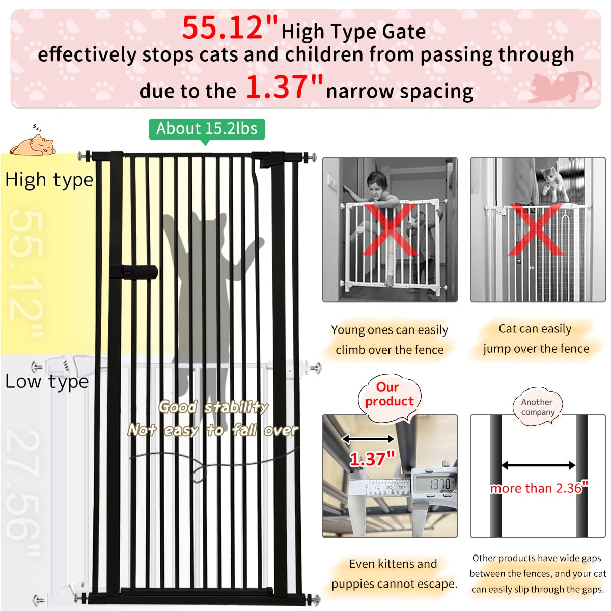 Lumizone Extra Tall Cat Gate Extension Kit 55.12" High 4.13" Wide Black | Tall Pet Gate Dog Gate for Doorway Hallway Stairs Pressure Mounted Extra Wide 1.37" Gap No Drilling