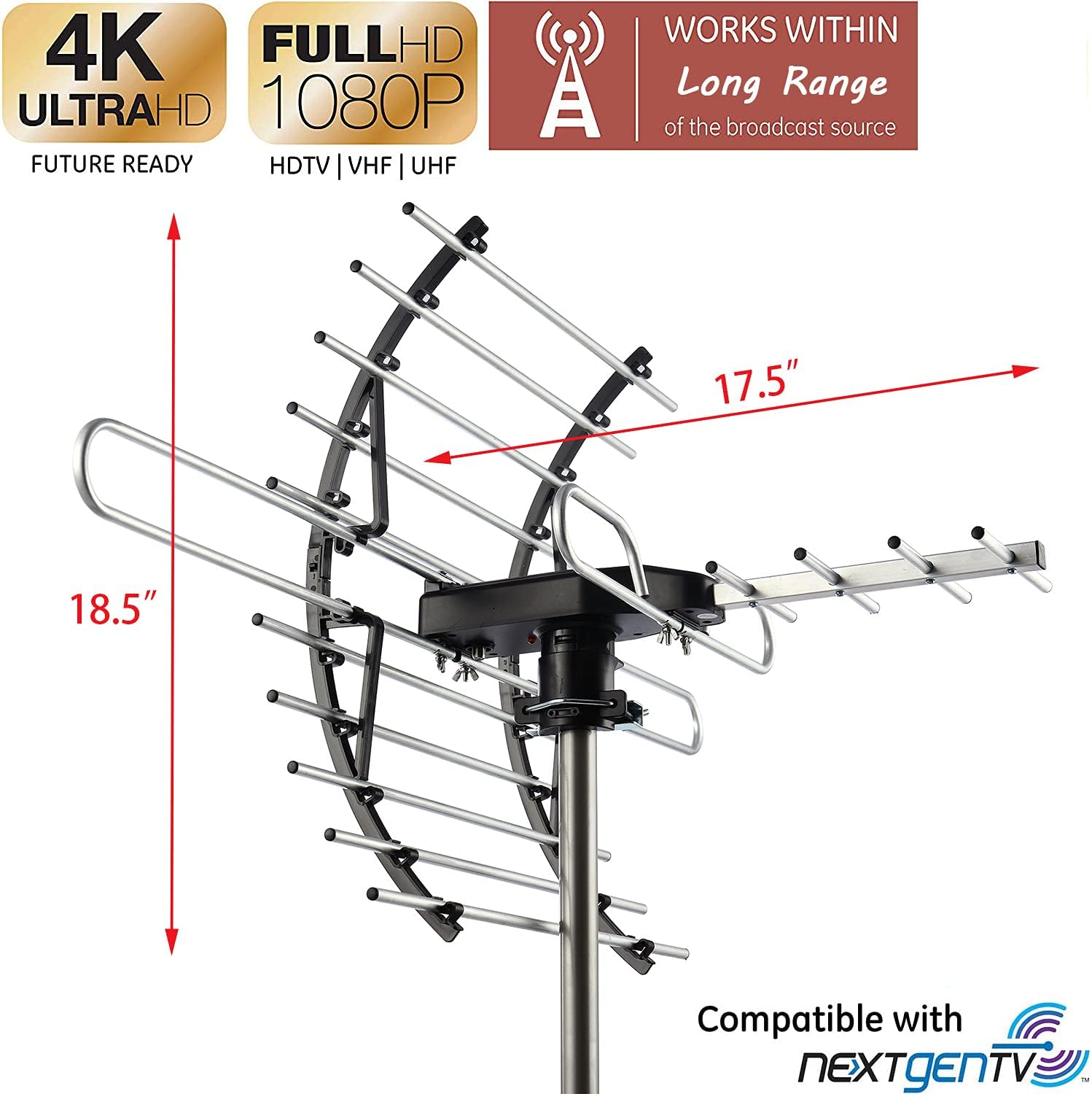 PIBIDI Digital HD TV Antenna, Amplified Attic/Outdoor Antenna, 360 Degree Rotation Wireless Remote, 4K 1080P VHF UHF, Mounting Pole Included, 200 Miles Range