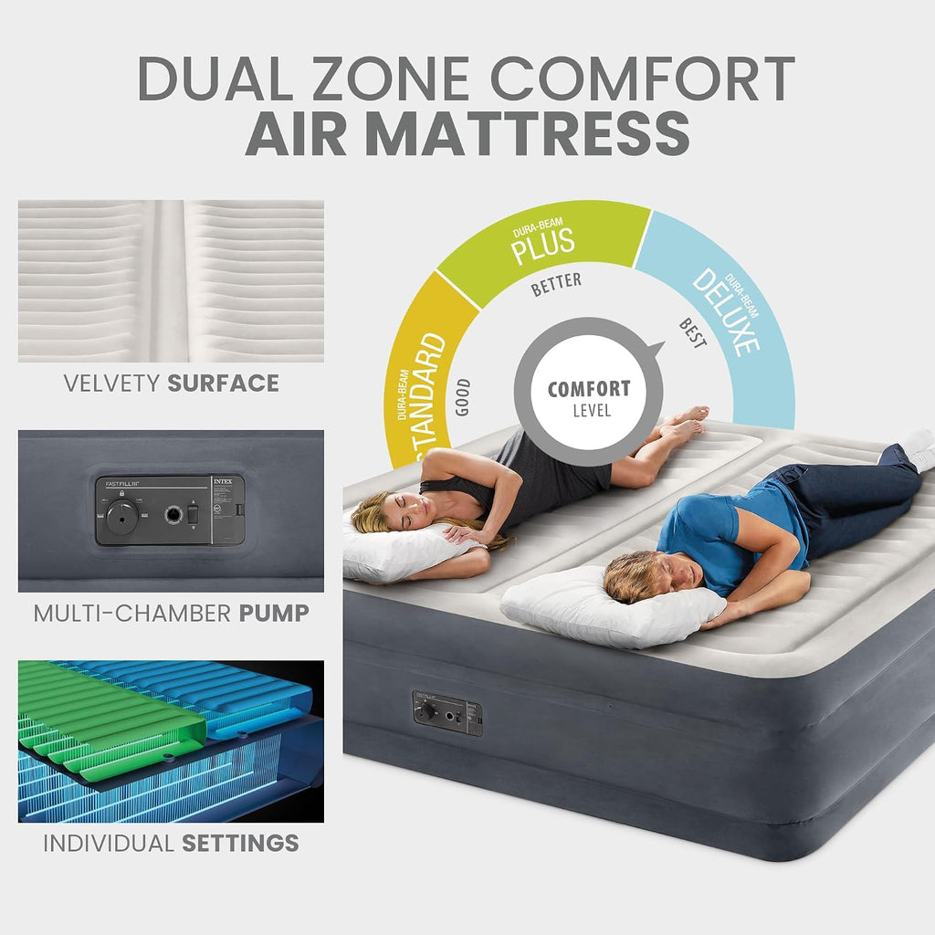 Intex 64953E 22in King Dura-Beam Fiber-Tech Deluxe Dual Zone High-Rise Inflatable Air Mattress with Built in Pump for Travel and Camping