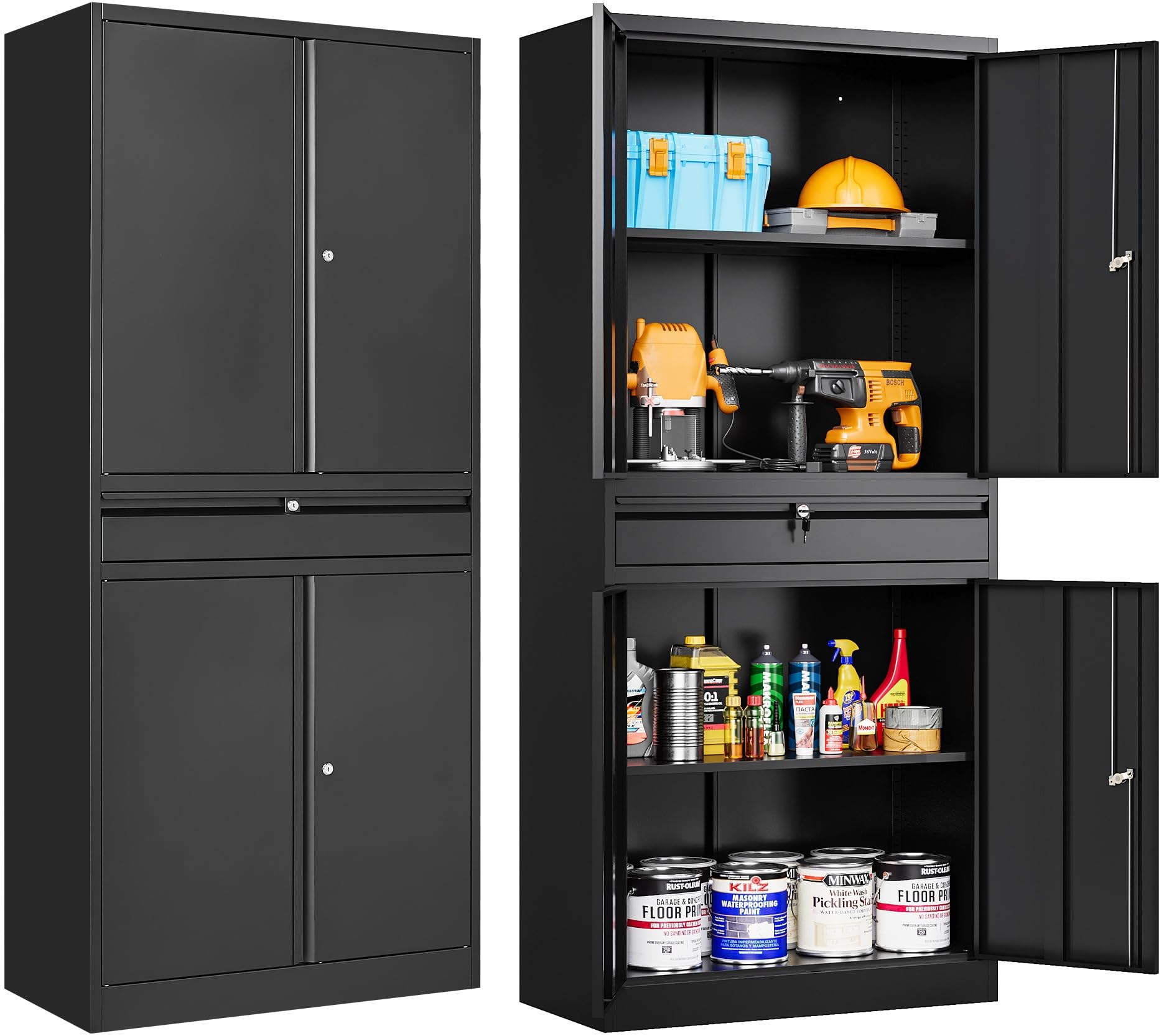 SISESOL Wide & Deep Metal Storage Cabinet with Wheels,Tall Rolling Garage Storage Cabinet with Lock,Black Metal Cabinets with Pegboards and Shelves,Tool Locker for Garage,Home,Office,43''Wx 20''Dx71"H