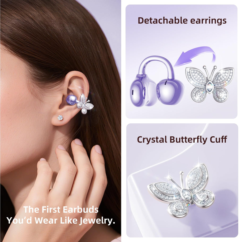 Kinglucky Jewelry-Inspired Clip-On Earbuds with Butterfly Earrings, Comfortable Fit & 40H Playtime Open Ear Bluetooth 5.4 Wireless Headphones for Women, Small Ears, Sports & Workouts (Black)