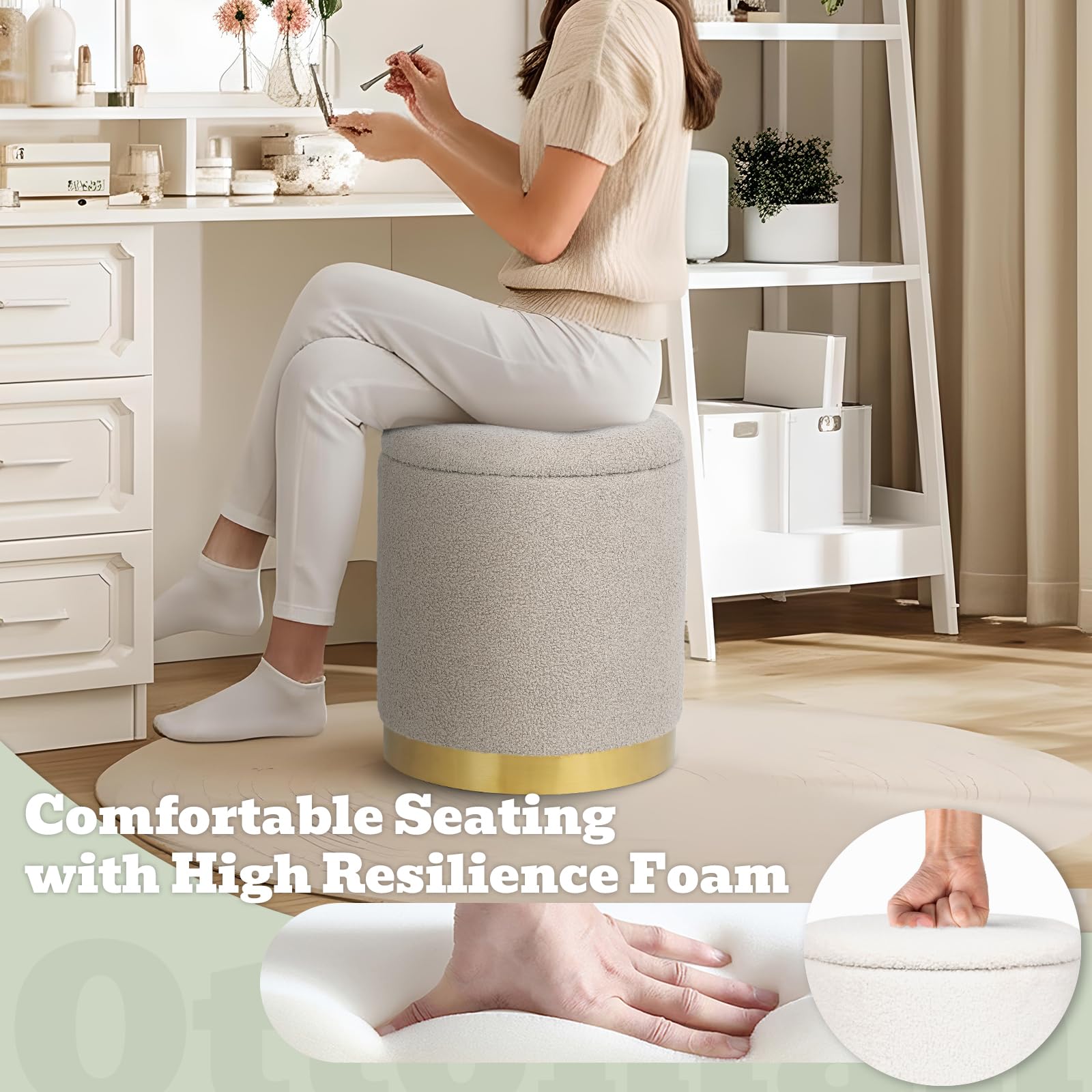 Joveco Boucle Round Ottoman with Storage,Vanity Stool with Storage for Bedroom, Ottoman Coffee Table,Small Boucle Foot Stool for Living Room, Black with Gold Plating