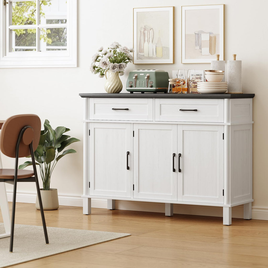 ONBRILL 48 Inches Buffet Cabinet with Storage, Farmhouse Sideboard Buffet w/2 Drawers and 3 Doors, Wood Coffee Bar Cabinet with Adjustable Shelves, Sideboard Storage for Kitchen, Living Room, Black