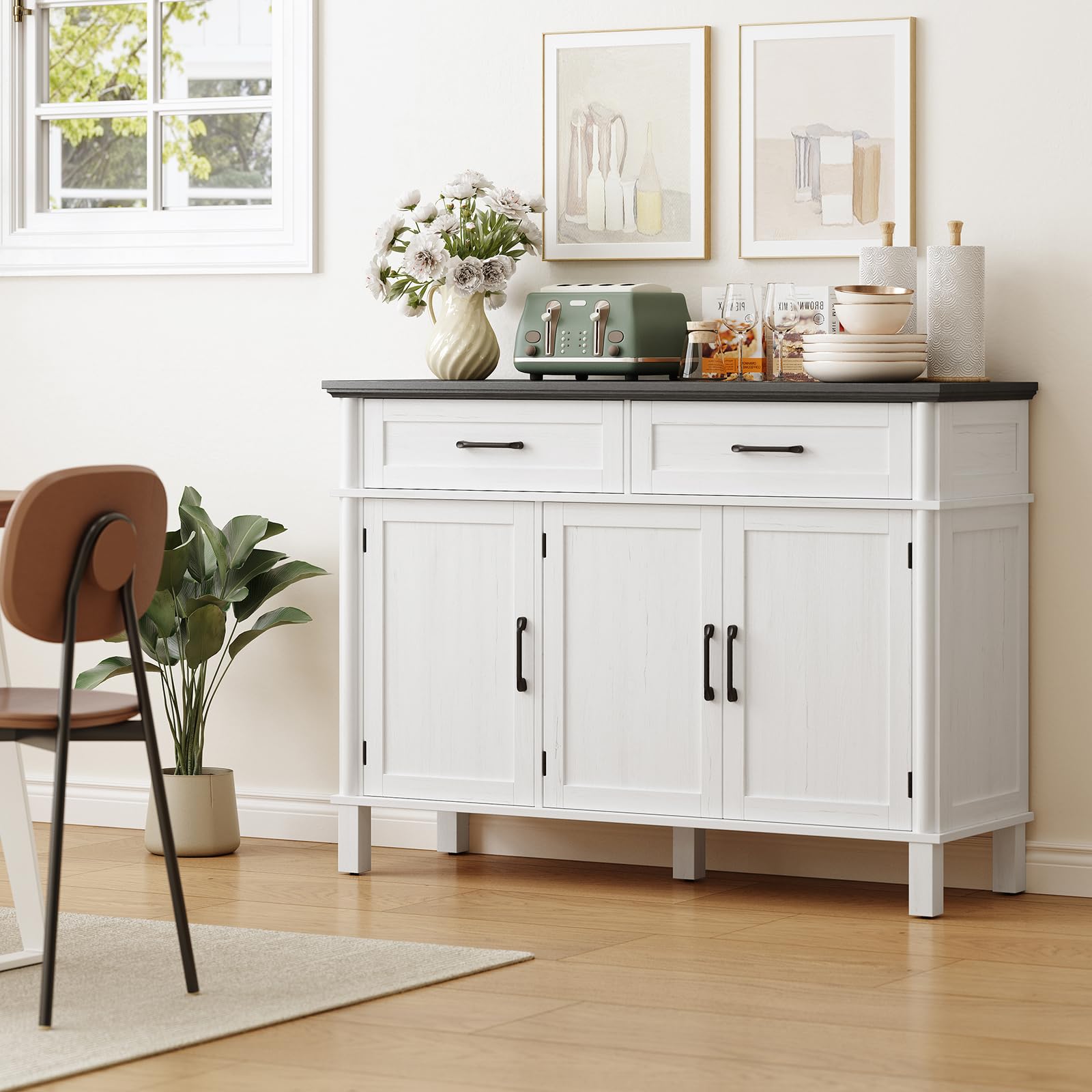 ONBRILL 48 Inches Buffet Cabinet with Storage, Farmhouse Sideboard Buffet w/2 Drawers and 3 Doors, Wood Coffee Bar Cabinet with Adjustable Shelves, Sideboard Storage for Kitchen, Living Room, Black