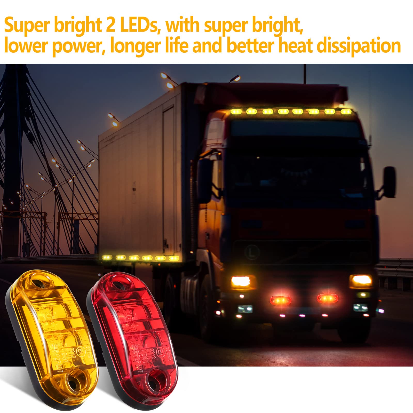 Tallew 10 Pcs 2.5 Inch LED Trailer Lights 2 Diode Waterproof LED Trailer Side Marker Oval Signal Running Lights for Truck Boat Rv(Amber)