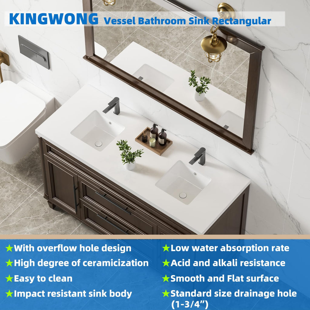 KINGWONG 14 Inch Small Square Undermount Bathroom Sink, 13.75" Ceramic White Porcelain Under Counter Basin for Vanity, Modern Rectangular Sink with Overflow Hole, Easy to Clean, Interior 11.5" x 11.5"