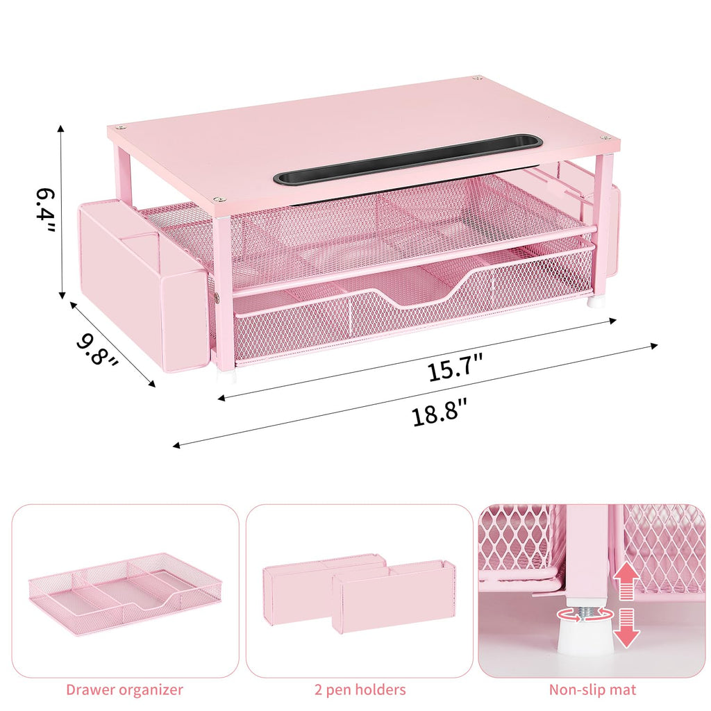 AUPSEN 2 Tier Computer Monitor Stands with Drawer and 2 Pencil Holder, Metal Monitor Stand Monitor riser, Computer Desk Organizer and Accessories for Laptop, Computer, Printer, Office Supplies(Black)