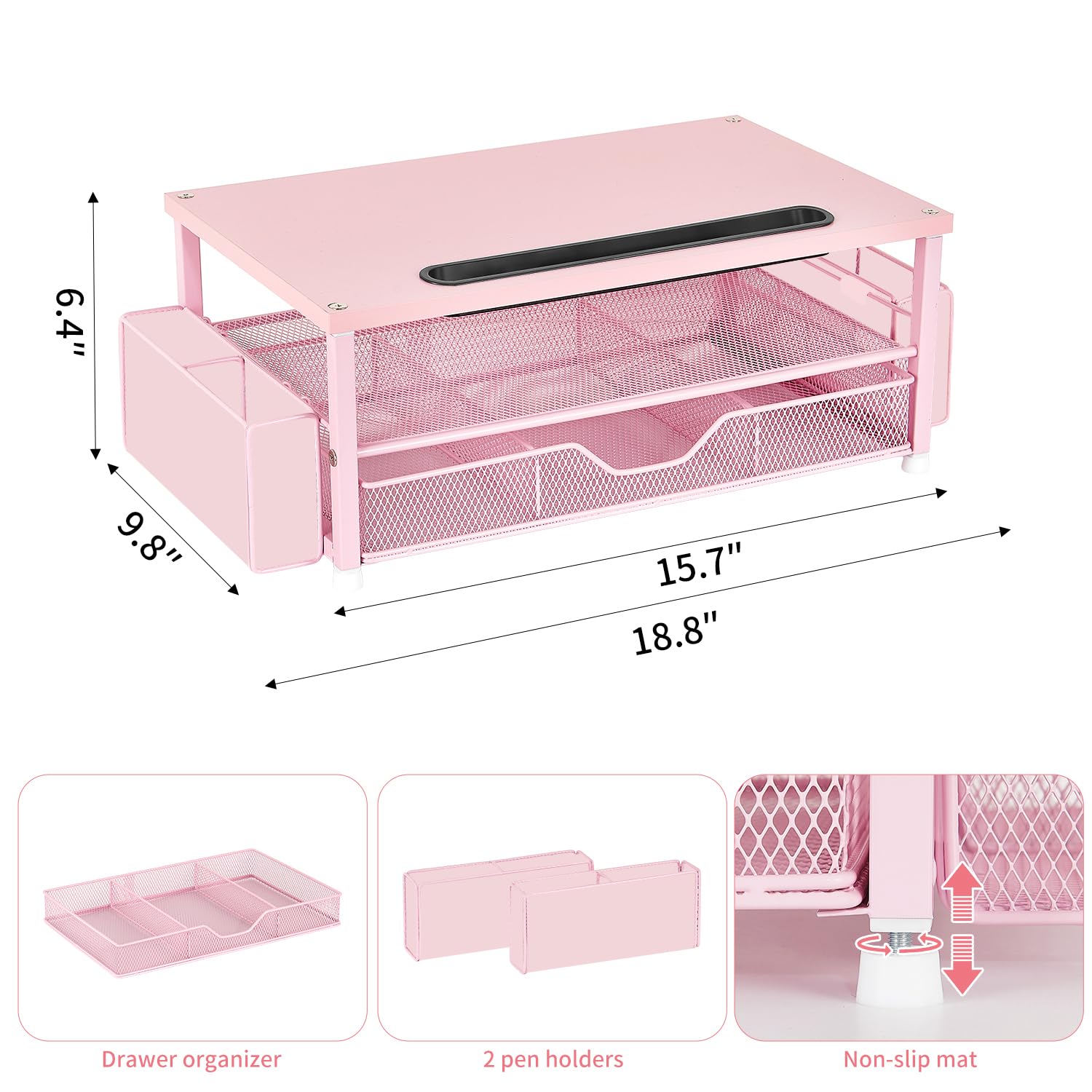 AUPSEN 2 Tier Computer Monitor Stands with Drawer and 2 Pencil Holder, Metal Monitor Stand Monitor riser, Computer Desk Organizer and Accessories for Laptop, Computer, Printer, Office Supplies(Black)