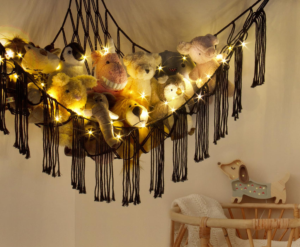 Stuffed Animal Hammock Corner with LED Light - Toy Storage Hammock Plushie Net Large - Cute Stuff Animals Holder Hanging Organizer - Baby Room Decor Kids Toddler Nursery Bedroom Boho