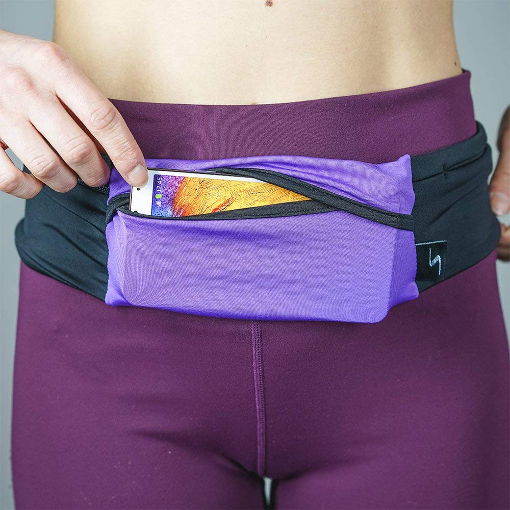 3 Pocket Adjustable Running Belt Waist Pack, Fanny Pack For Working Out With Sweat Resistant Backing, Holds All iPhone Models (Black/Black, X-Small)