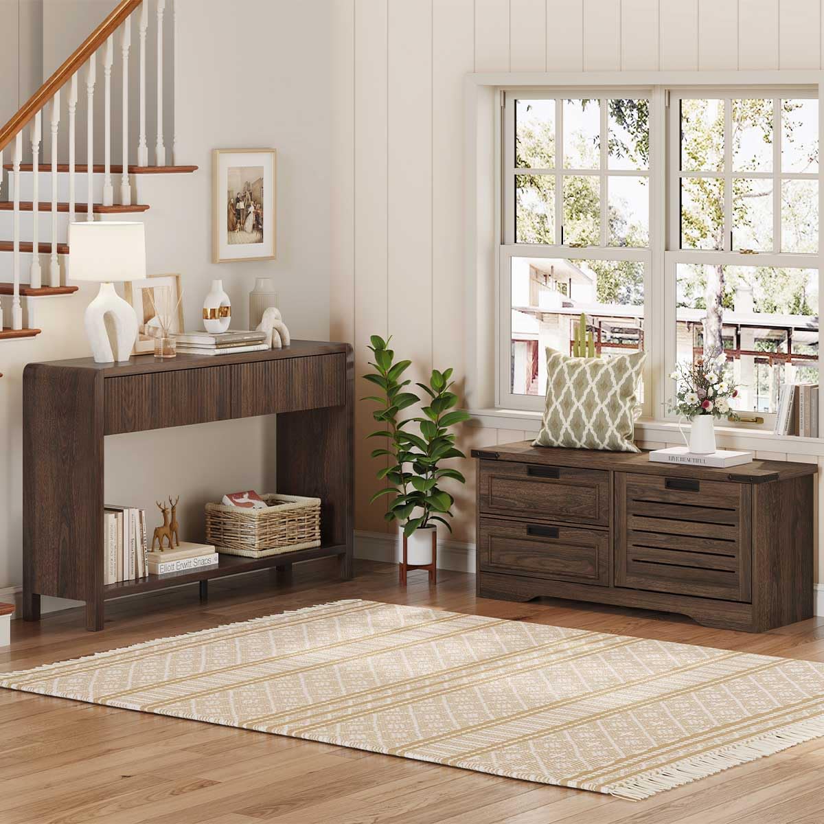 FATORRI Entryway Bench with Storage, 41 Inch Shoe Storage Bench, Industrial Wood Shoe Bench for Entry Way, Living Room, Bedroom and Mudroom (Black)
