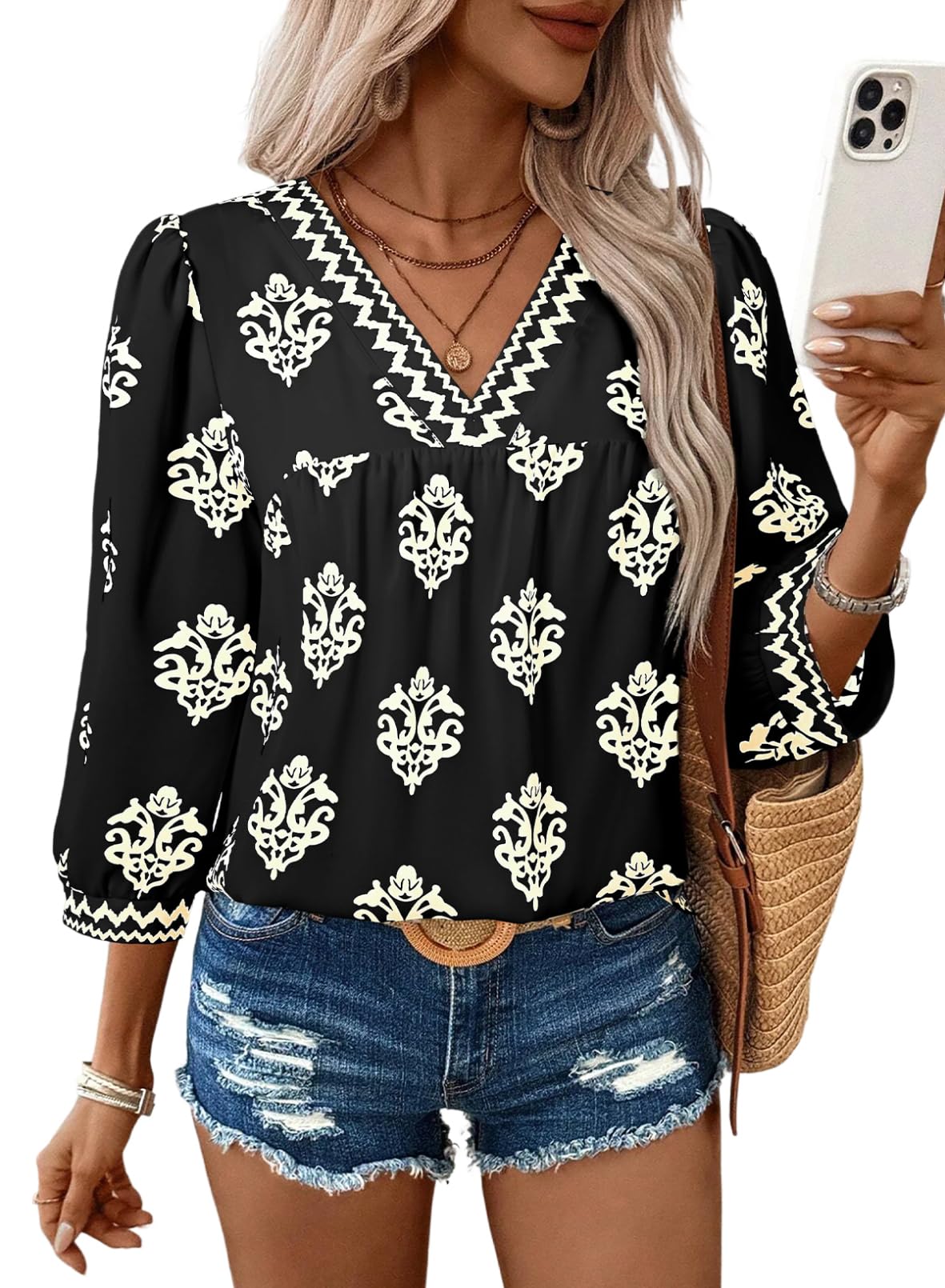 SHEWIN Women's Casual V Neck Floral Print Chiffon Blouses 3/4 Sleeve Boho Summer Tops Shirts