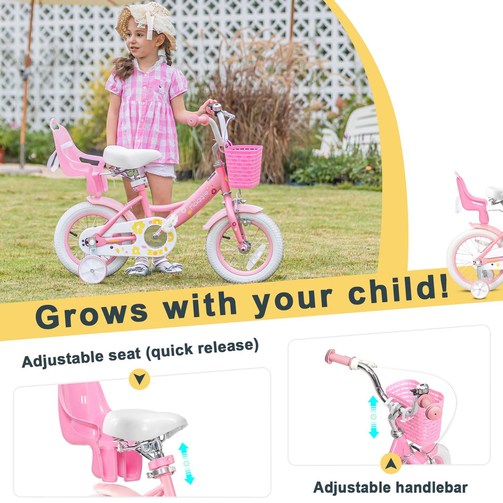 Glerc Maggie Girls Bike, 12-20 Inch Kids Bike for 2-13 Years Old Children, Princess Style Kids Bicycle with Doll-Seat & Basket & Training Wheels, Multiple Colors