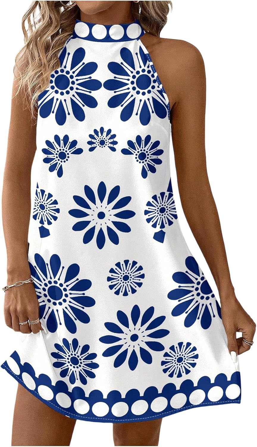 Floerns Women's Sleeveless Floral Print Sundress Halter Neck A Line Short Dress