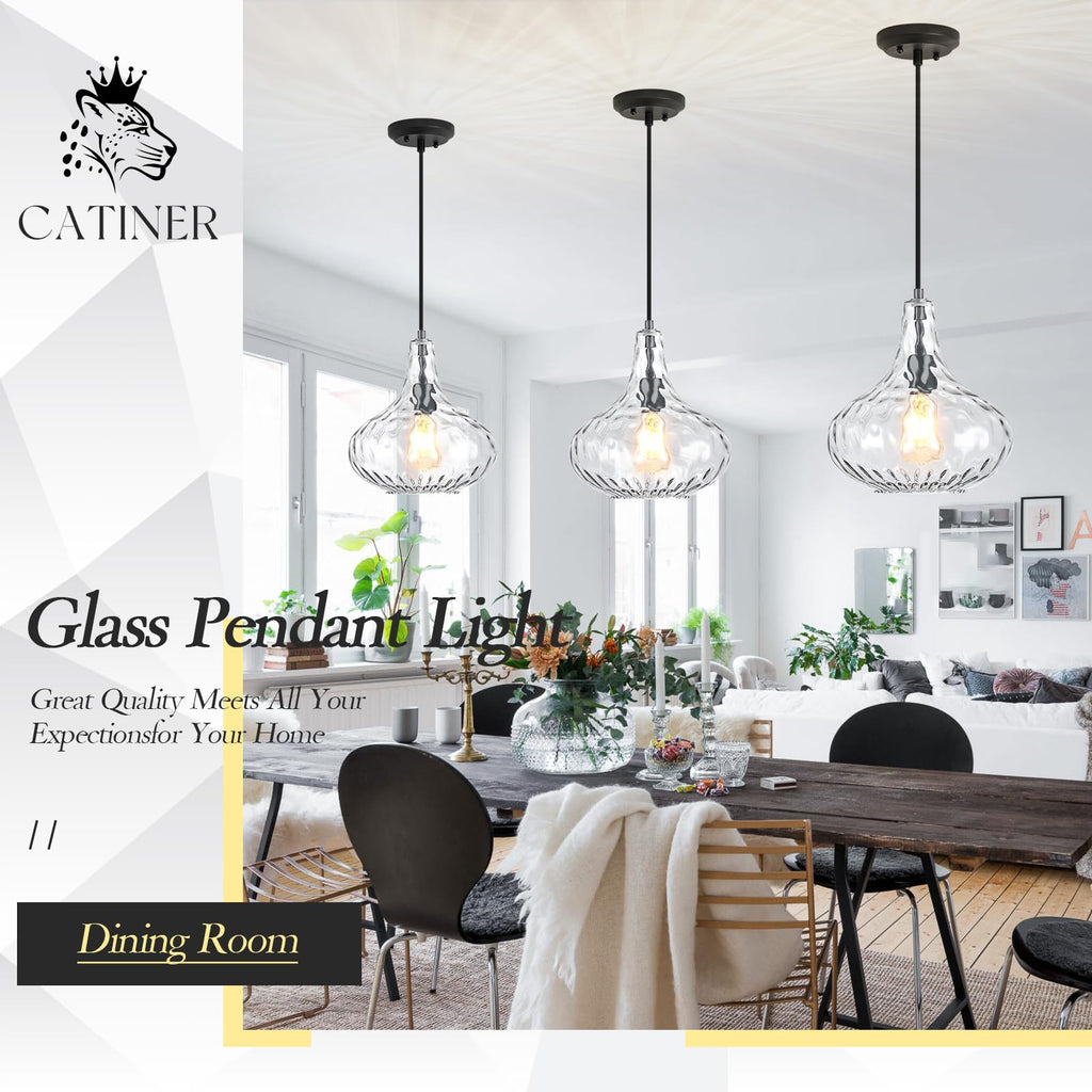Glass Large Pendant Lights for Kitchen Island Blown Glass Pendant Light Clear Hammered Shade Hanging Ceiling Lights with Black Finish for for Kitchen Island, Sink, Hallway, Living Room 11 inch