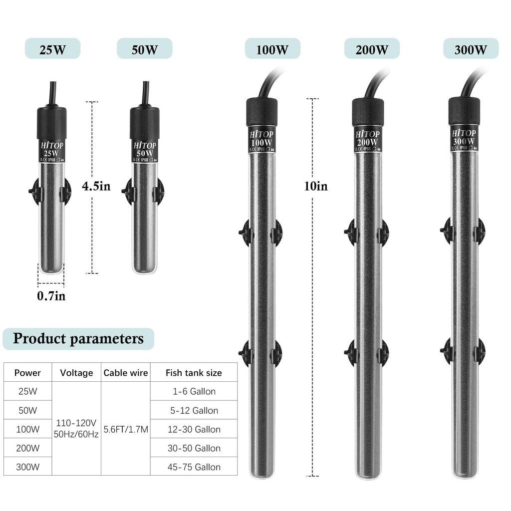 HITOP Compact Submersible Aquarium Heater -25W Digital Heater for Fish Tank Turtle Tank, for Saltwater and Fresh Water with Temperature Controller