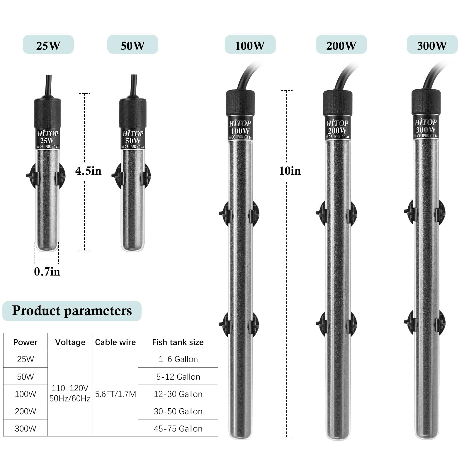 HITOP Compact Submersible Aquarium Heater -25W Digital Heater for Fish Tank Turtle Tank, for Saltwater and Fresh Water with Temperature Controller