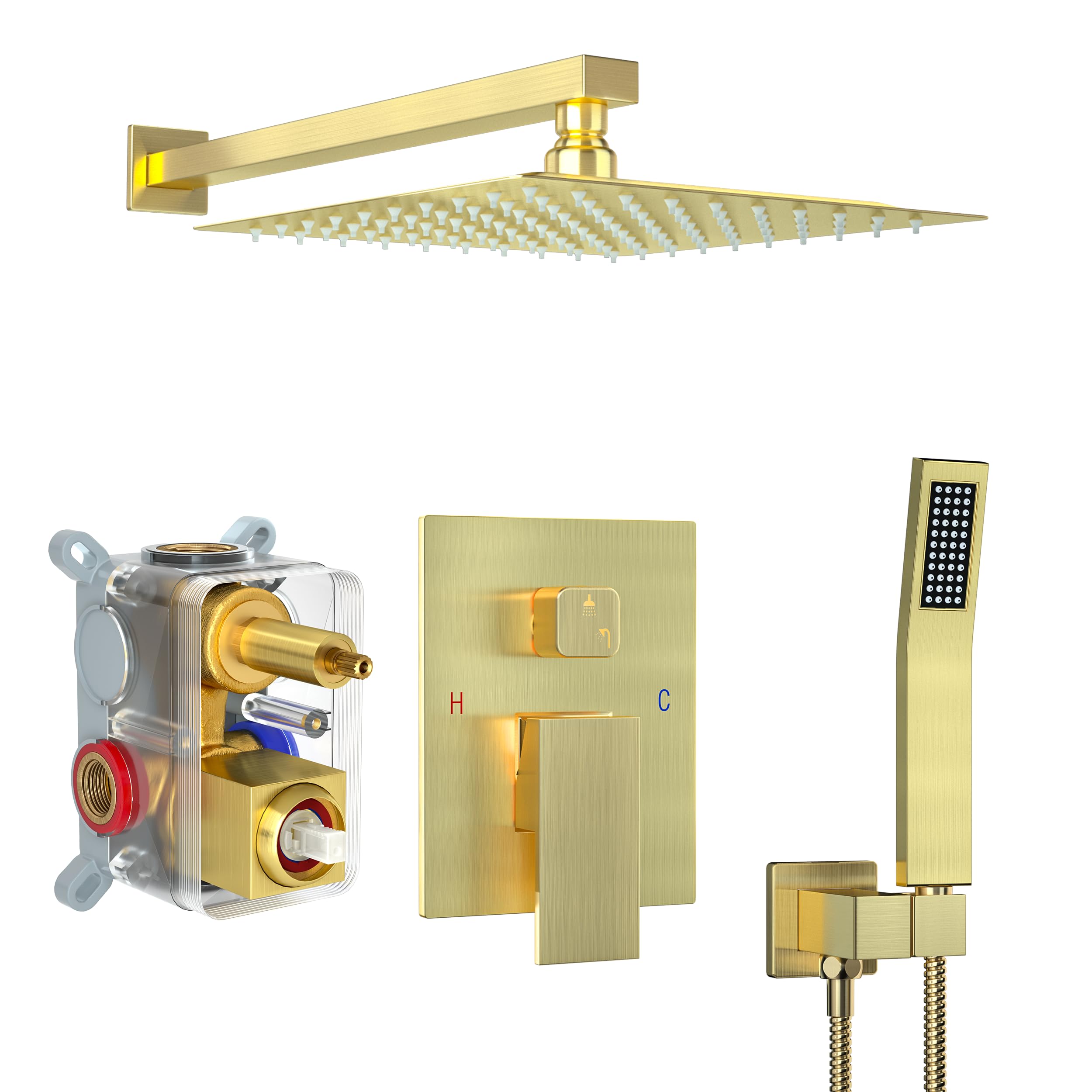 Brushed Gold Shower System with 10-Inch Rain Showerhead and Tub Spout | cUPC-certified pressure balance brass valve to prevent scalding, CEC-certified air injection technology for low pressure