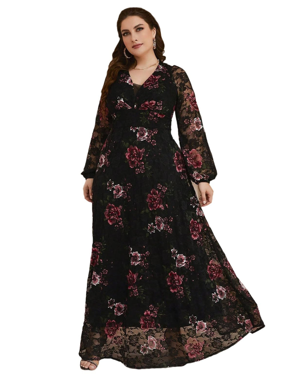 Spring Summer 2024 Plus Size Womens Dresses V Neck Casual Elegant Long Sleeve Floral Print Maxi Dress