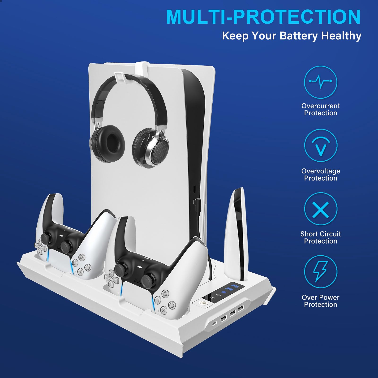 PS5 / PS5 Slim Cooling Station with Dual Controller Charging Station, PS 5 Cooling Stand for PlayStation 5 Console, Headset Holder/ PS 5 Cooling Fan/4 USB Hub All in One Accessories Organizer, Black