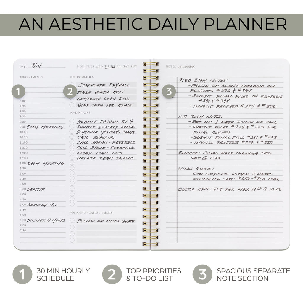 Beautiful Daily Planner And Notebook With Hourly Schedule - Aesthetic Spiral To do List Notepad to Easily Organize Your Tasks And Appointments - Stylish Book And School Or Office Supplies