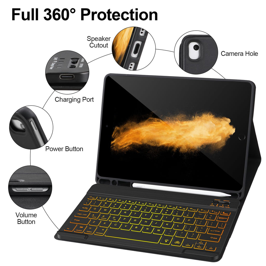 AHYWTAN Keyboard Case for iPad 9/8/7th Gen 10.2, Bluetooth Keyboard with 7 Color Backlit, iPad 10.2 inch Case with Keyboard, Pencil Holder, Black-L