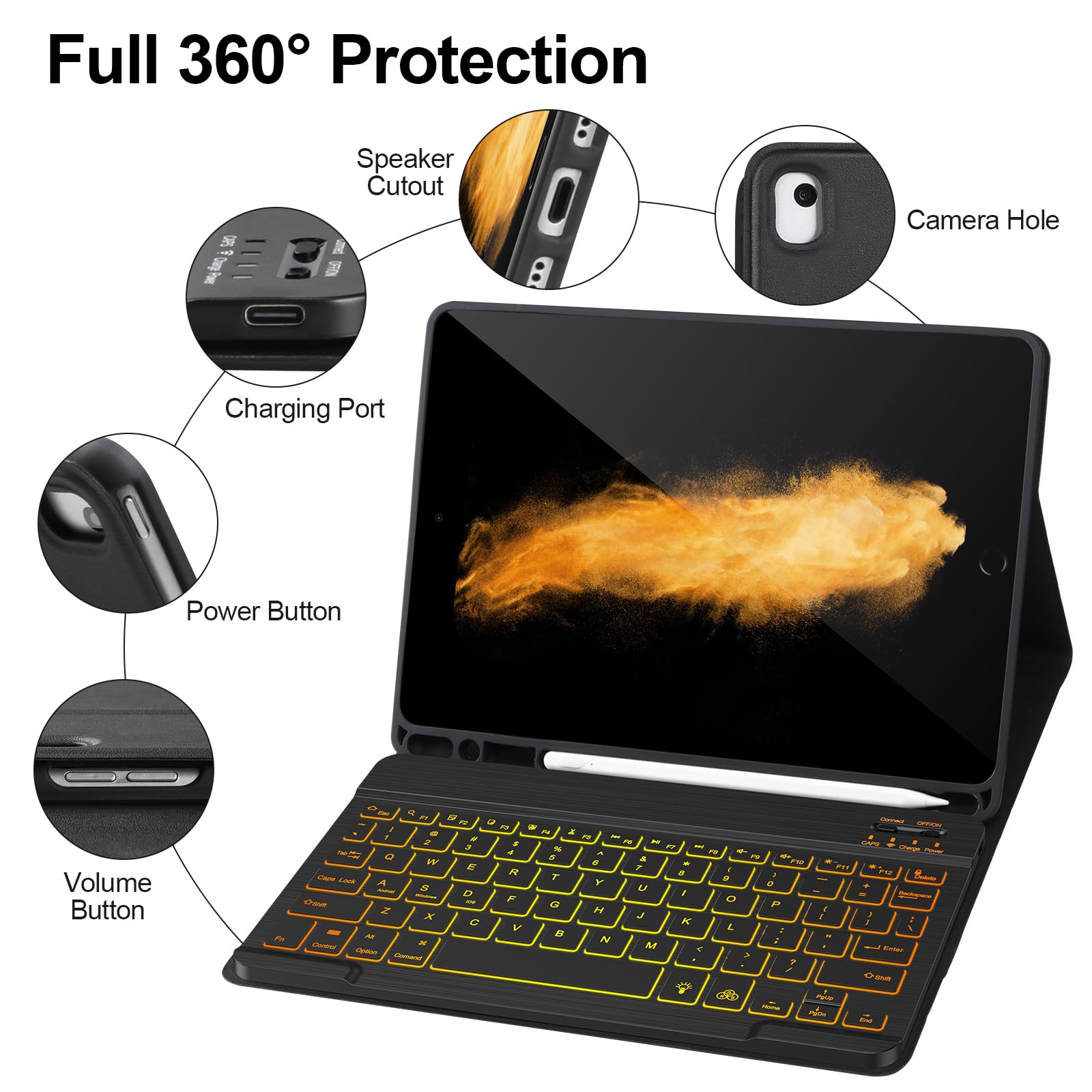 AHYWTAN Keyboard Case for iPad 9/8/7th Gen 10.2, Bluetooth Keyboard with 7 Color Backlit, iPad 10.2 inch Case with Keyboard, Pencil Holder, Black-L