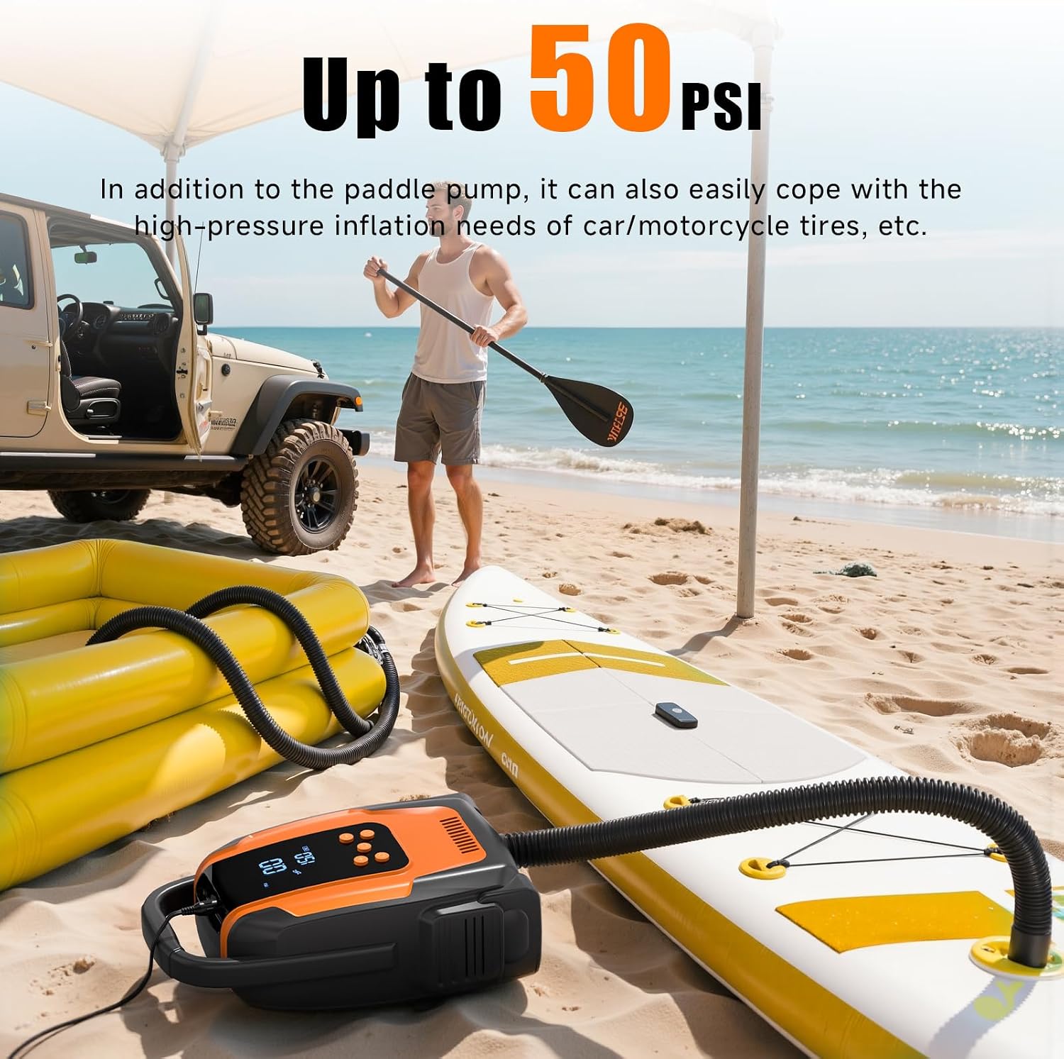 Electric Paddle Board Pump, 50PSI High Pressure Portable SUP Air Pump with Auto-Off and Deflation Function, 12V DC Car Connector for Stand Up Paddle Boards, Car Tires, Boats, Kayaks