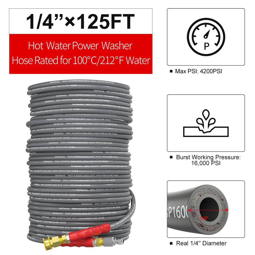 Pressure Washer Hose 25FT, 4200PSI High Tensile Wire Braid Kink Resistant Power Washer Extension Hose, 1/4'' Flexible Replacement Hose with M22-14mm Brass Swivel Thread and 3/8 Quick Connect