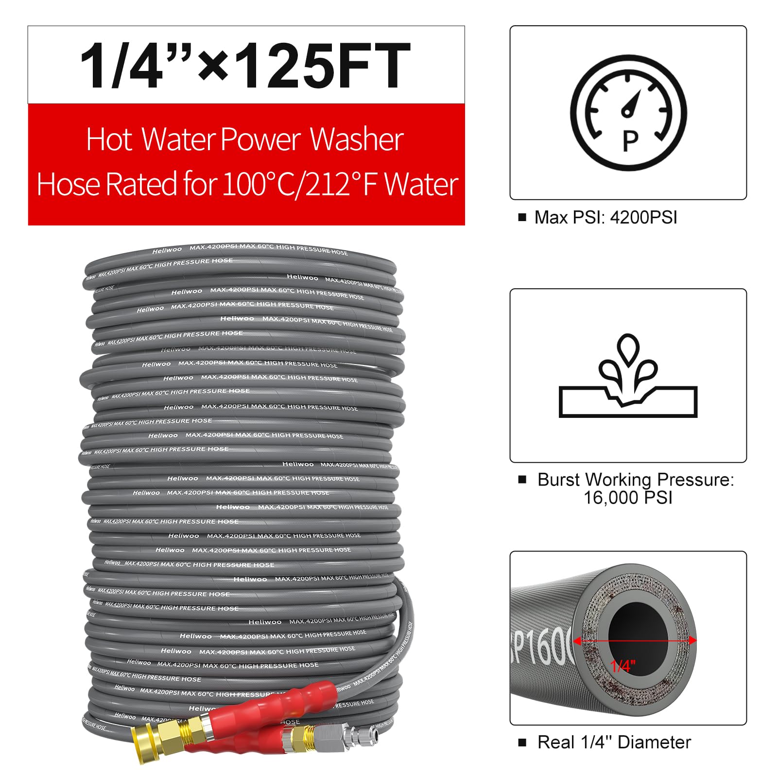 Pressure Washer Hose 25FT, 4200PSI High Tensile Wire Braid Kink Resistant Power Washer Extension Hose, 1/4'' Flexible Replacement Hose with M22-14mm Brass Swivel Thread and 3/8 Quick Connect