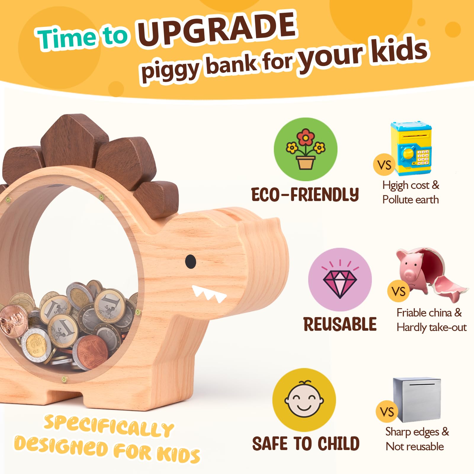 Summidate Wooden Dinosaur Piggy Bank for Kids Boys, Cute Wood Dino Money Bank for Toddlers, Creative Saving Coin Jar, Personalized Present for Child Birthday & Decor (Brachiosaurus, Custom)