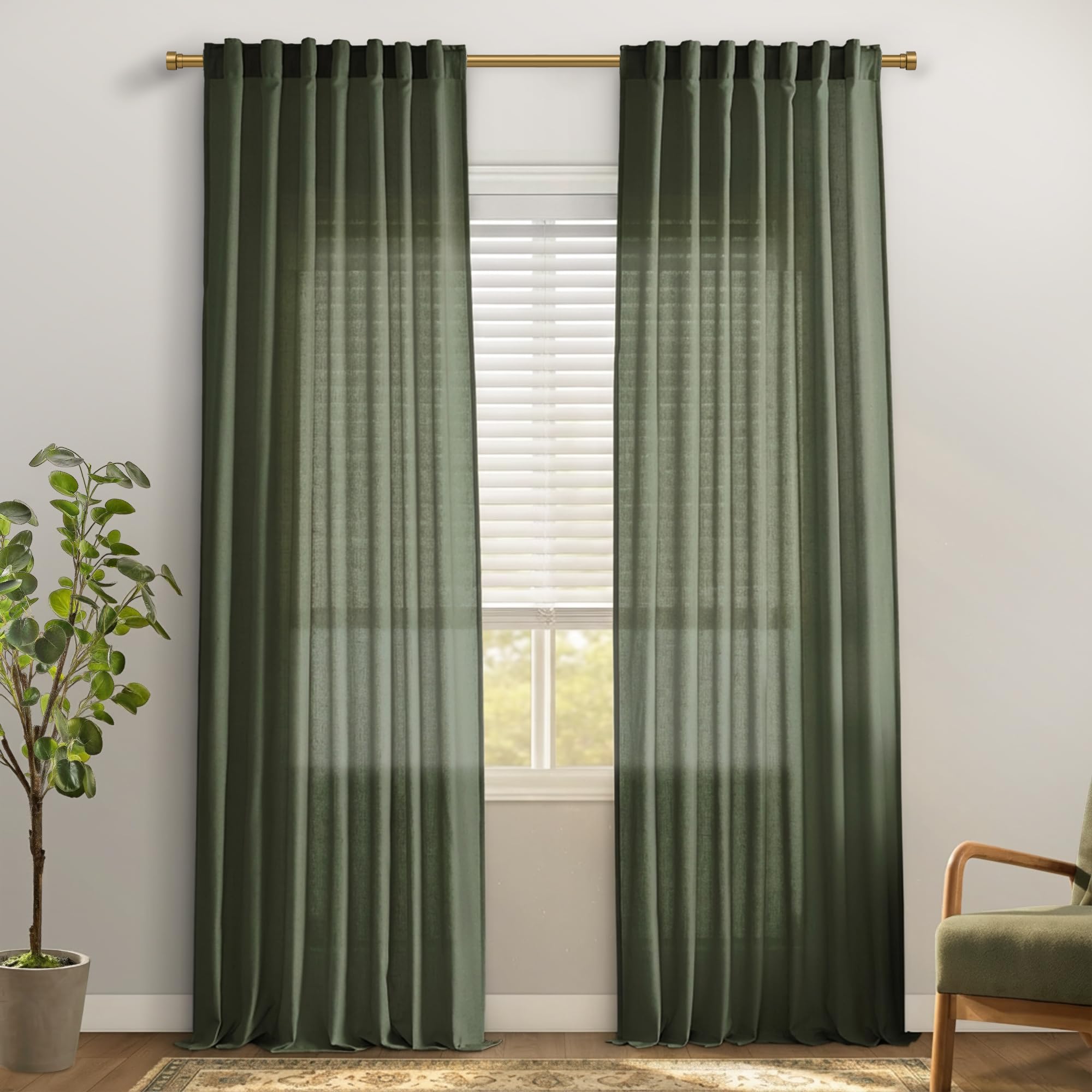 Black Linen Cotton Blend Sheer Curtains, Moody Light Filtering Drapes for Dark Academia Inspired Study Bedroom Living Room, 84 Inch Long 2 Panels Set