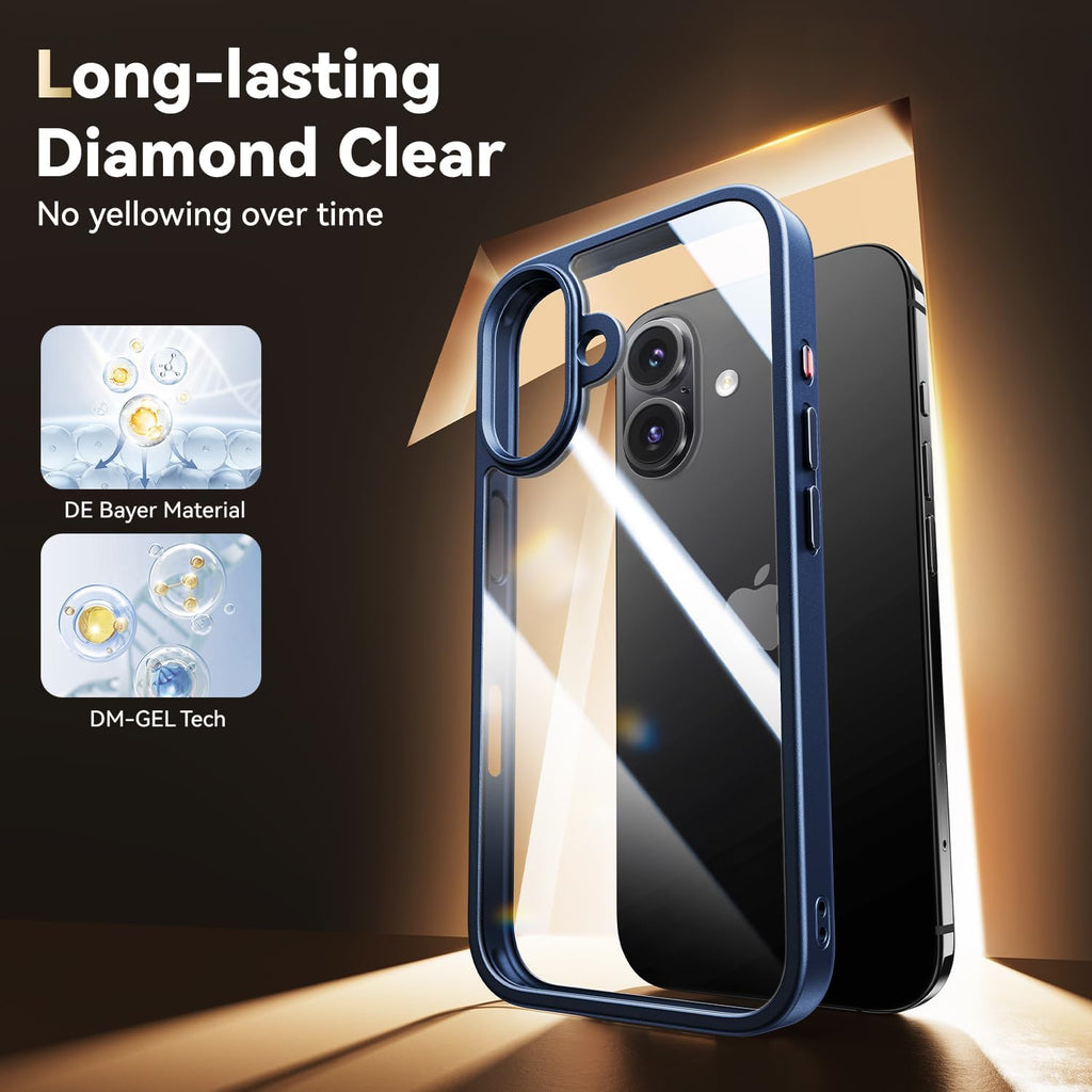 Opxyl Not Yellowing for iPhone 16 Case Clear, 360° Protection with 2X Screen Protector + 2X Camera Lens Protector, Military Grade Shockproof Phone Case Slim Cover for iPhone 16, Blue