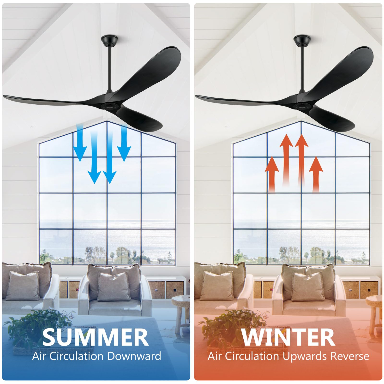 ABZ Ceiling Fans without Lights - 52 Inch Modern Ceiling Fans no Lights with Remote Control, Black 3 Blade Solid Wood Indoor Outdoor Ceiling Fans for Patios Living Room Bedroom