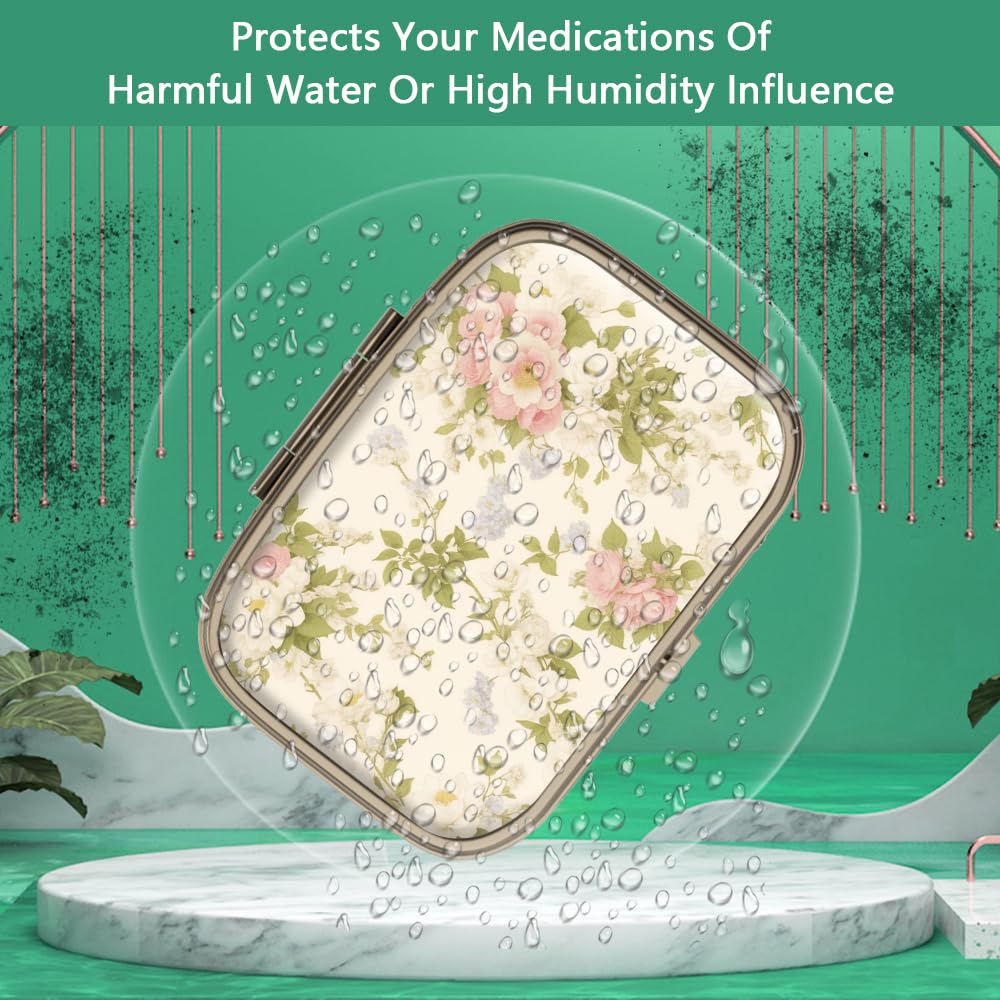 Pill Case Pill Box with Mirror Retro 2 Compartment Small Pill Case for Purse or Pocket Bronze Rectangular Pill Box or Vitamins, Fish Oil, Supplements, Pill Containe Travel Gifts（Retro Red Flowers）