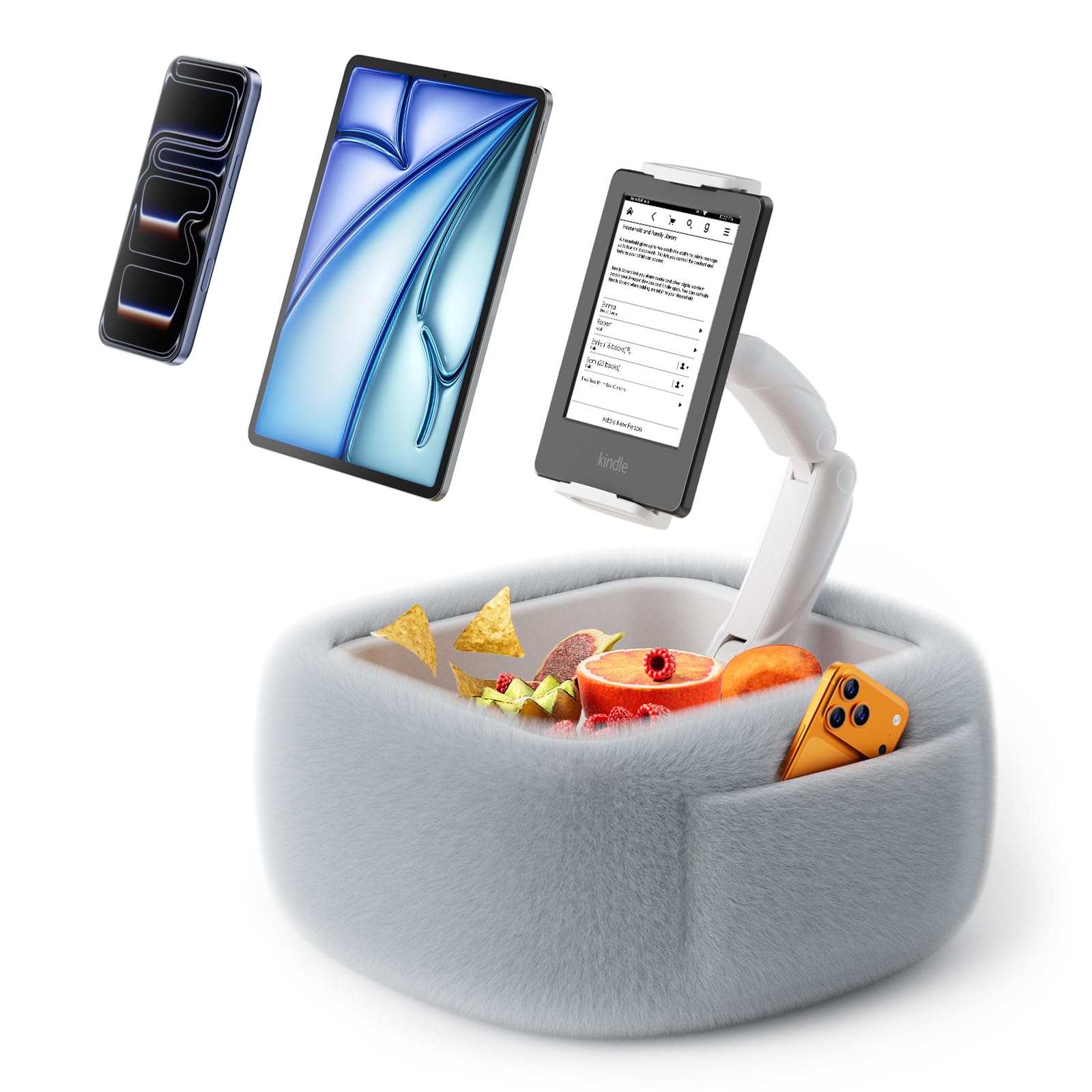 LULULOOK Tablet Pillow Stand, Compatible with iPad, iPhone and 4.7-14.6”Tablet, 360° Adjustable Kindle Pillow Stand for Bed with Ultra Fluffy Fabric & Snack Bowl (Cloudy White)