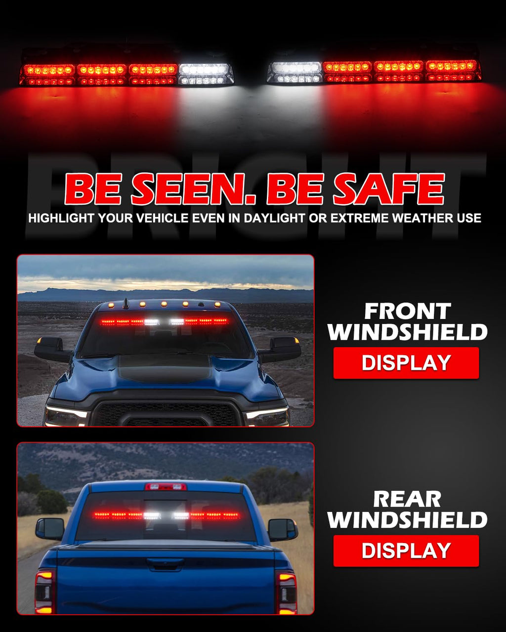 HLauto 604N Emergency Dash Strobe Lights: 2x16.8 inch Amber White Security Light w/Take Down, 48 LED Safety Flashing Warning Hazard Interior Windshield Light Bar for Truck Vehicle