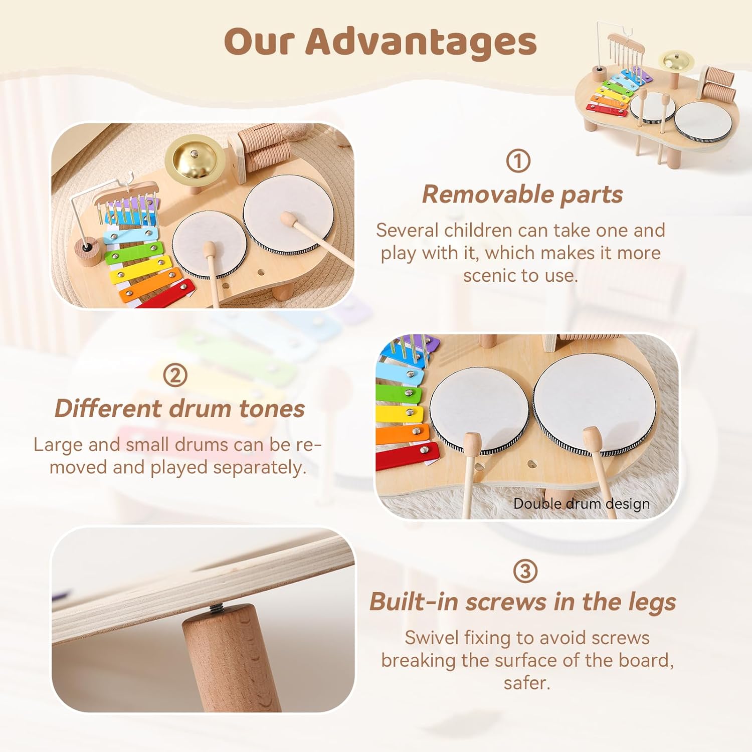 Wooden Drum Set for Toddlers 1-3, Musical Percussion Instruments for Kids Baby Drum Set Xylophone, Montessori Educational Musical Toys for Girls Boys Ages 3+