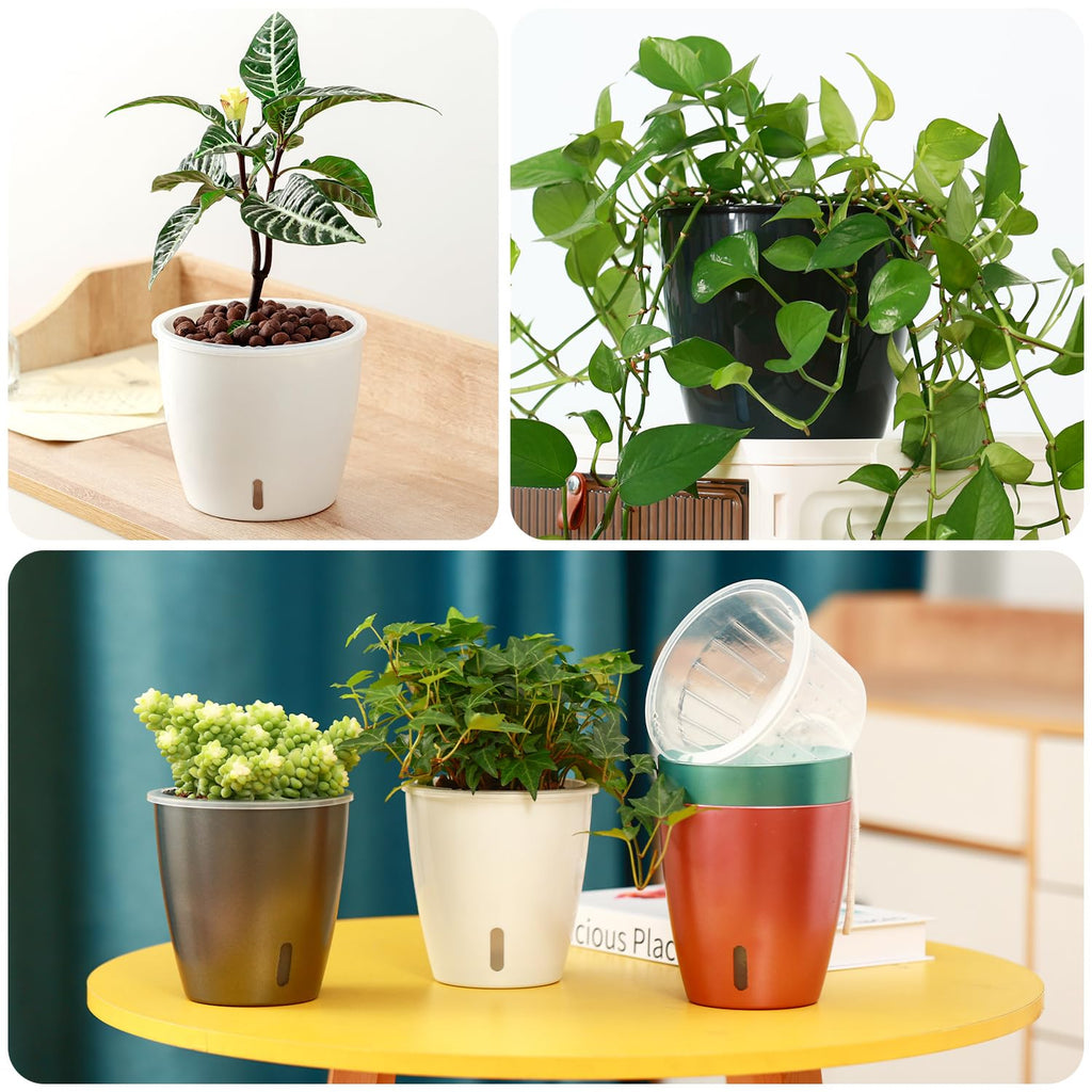 Self-Watering Pots for Indoor Plants, 16-Pack Self Watering Planter with Drainage Holes, Small African Violet Pots with Water Indicator, 10-Pack 5''/6-Pack 6.7'' Orchid Pot, Black