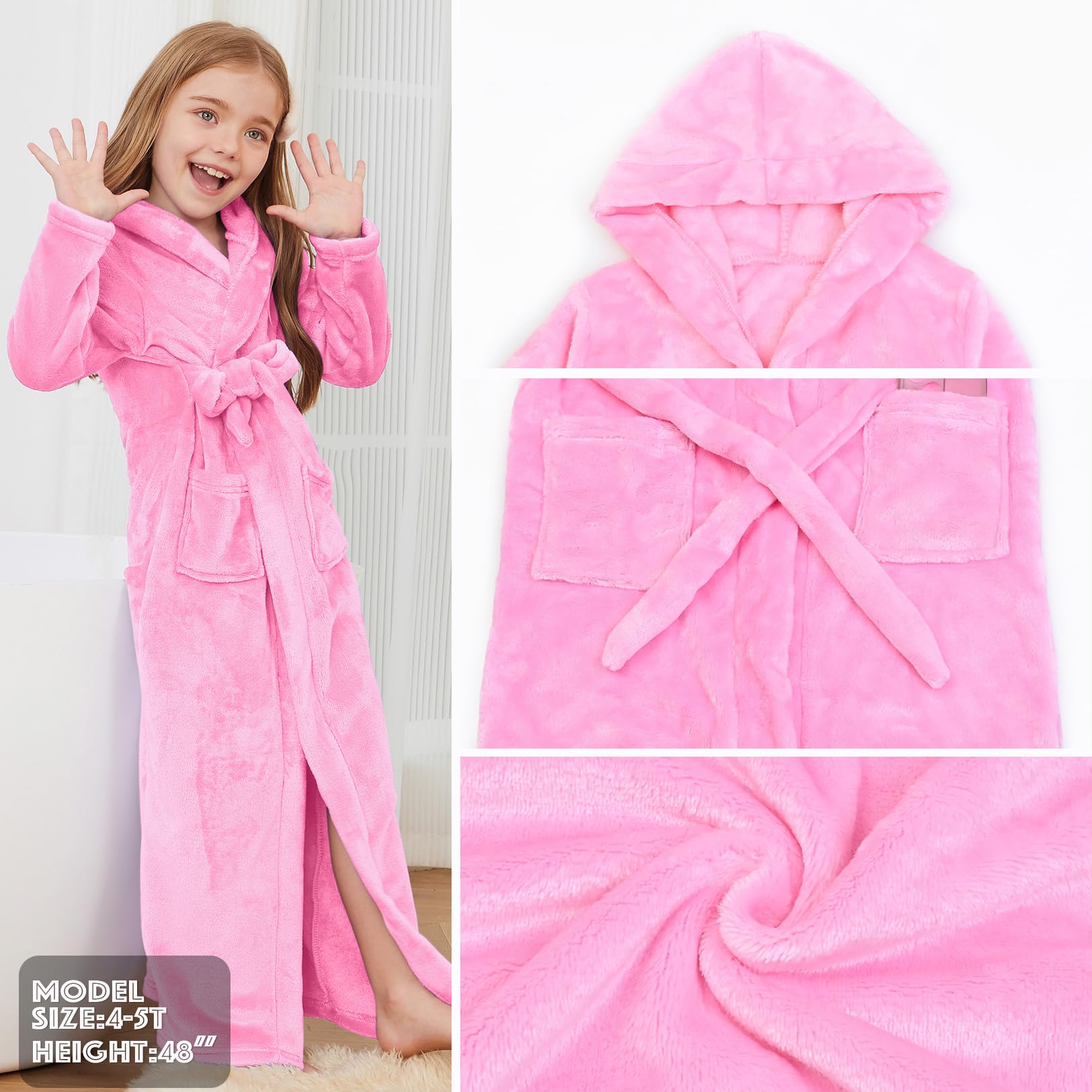 Jxstar Girls Bathrobes Kids Long Hooded Robes Plush Full Length Coral Fleece Pajamas Sleepwear