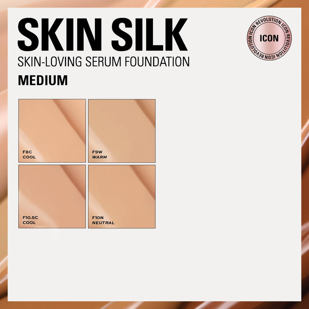 Revolution Skin Silk Radiant Satin Serum Foundation, Buildable Coverage with Hydrating Hyaluronic Acid for a Natural Finish, Vegan & Cruelty-Free, F0.5C Fair Skin Tones, 0.77 fl oz