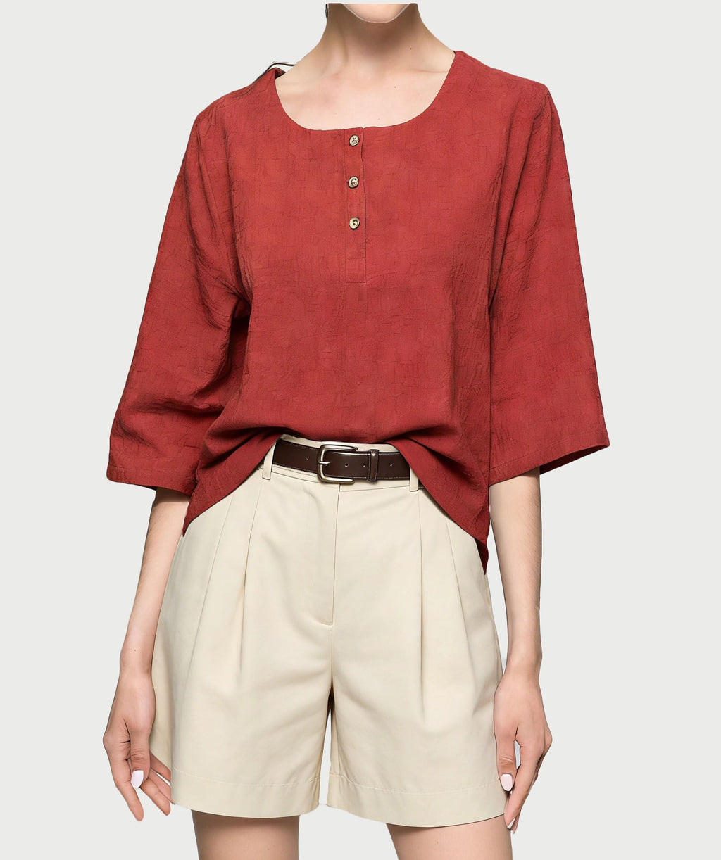 Minibee Women's 3/4 Sleeve Cotton Linen Jacquard Blouses Top T-Shirt