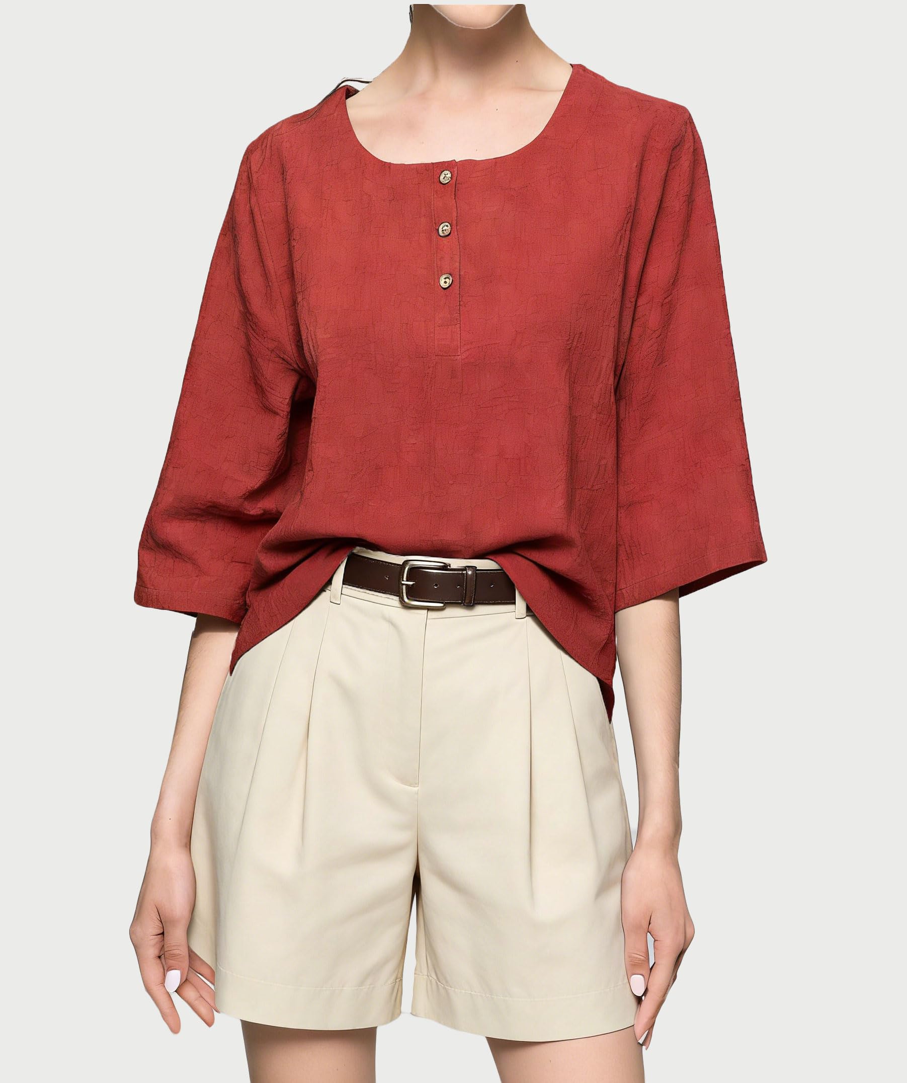 Minibee Women's 3/4 Sleeve Cotton Linen Jacquard Blouses Top T-Shirt